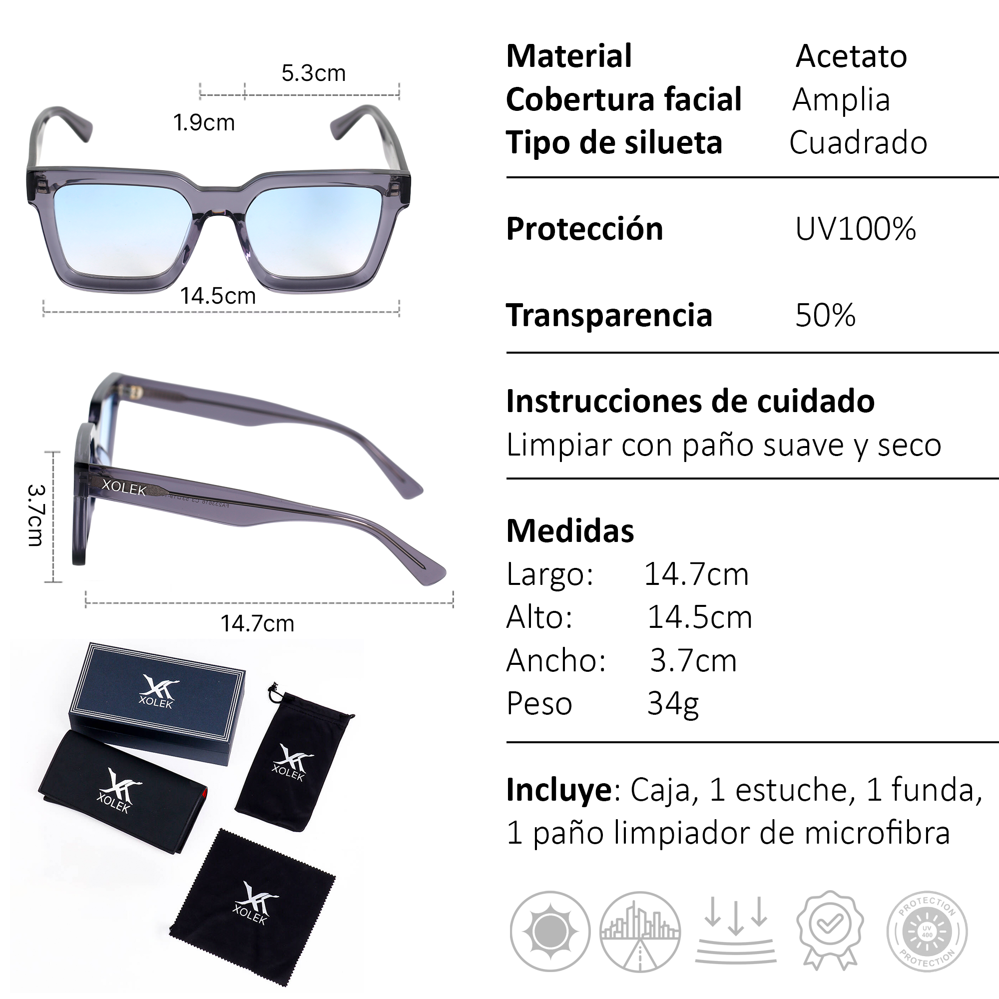 Xolek lentes de sol 108 Gafas Acetato Cr39 Rb UV total