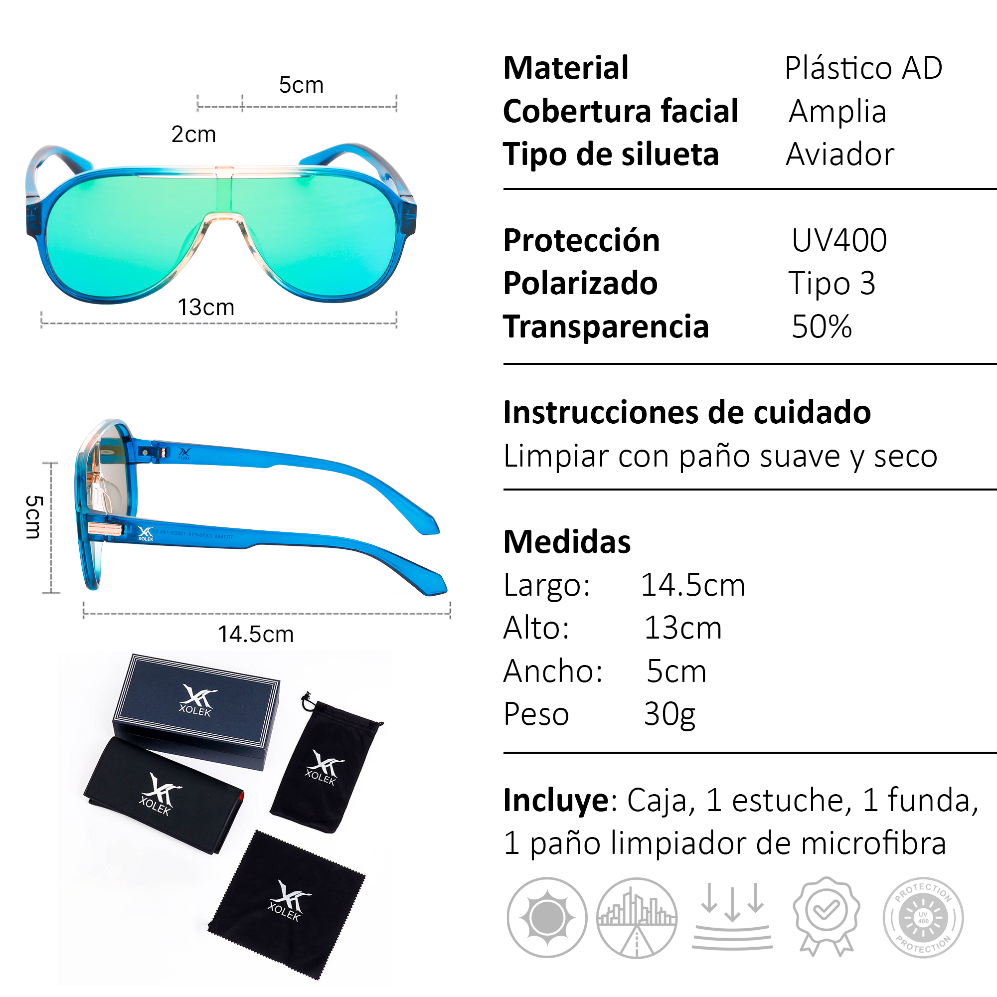 Xolek lentes de sol 157 Gafas Aviador Gota Uv Polarizado