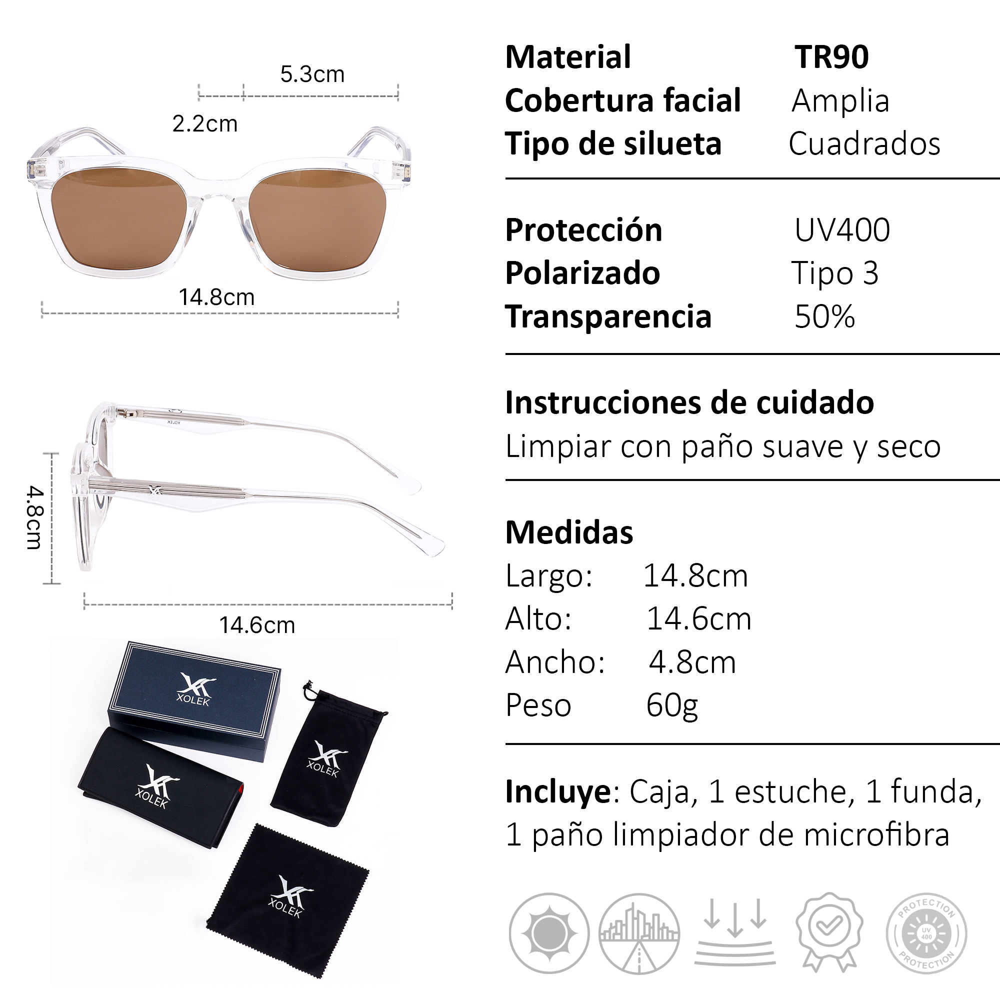 Xolek lentes de sol 121 Gafas Tr90 Cuadrados Rb Uv Polarizados