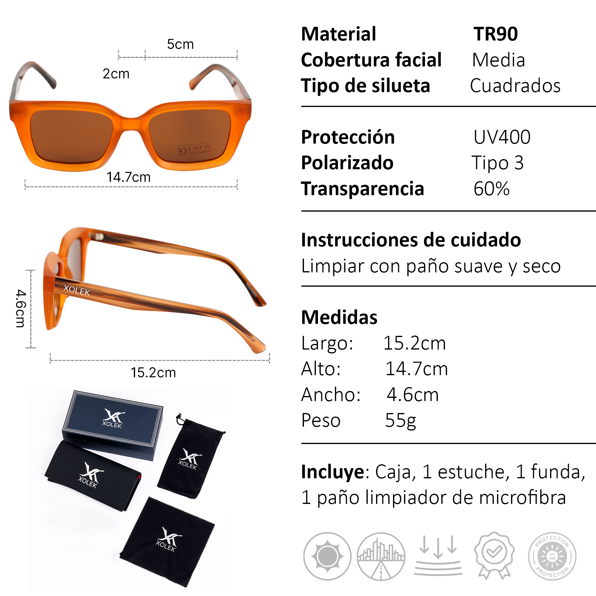 Xolek lentes de sol 122 Gafas Tr90 Cuadrados Rb Uv Polarizados