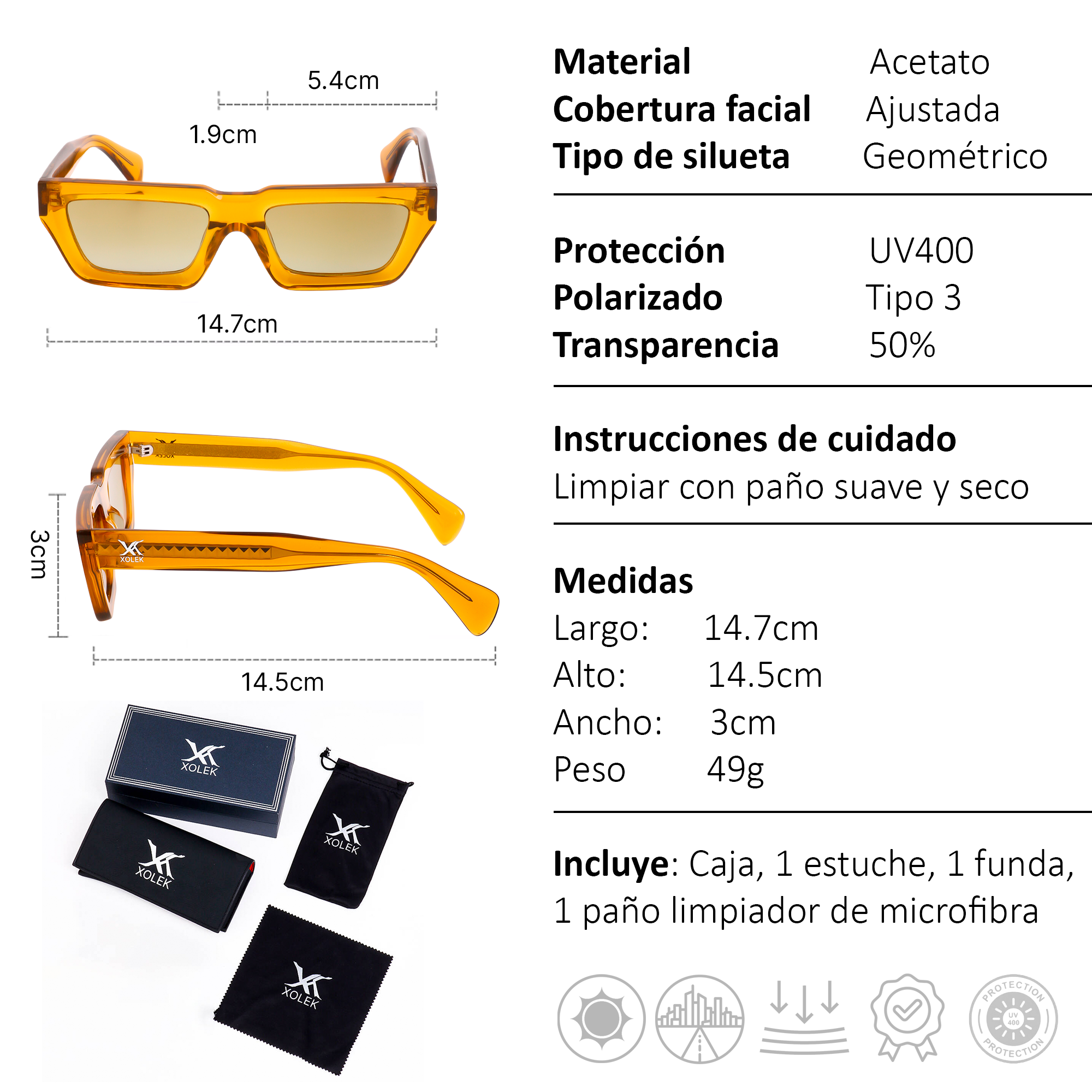 Xolek lentes de sol 103 Gafas Moda Acetato Geometrico Polarizado