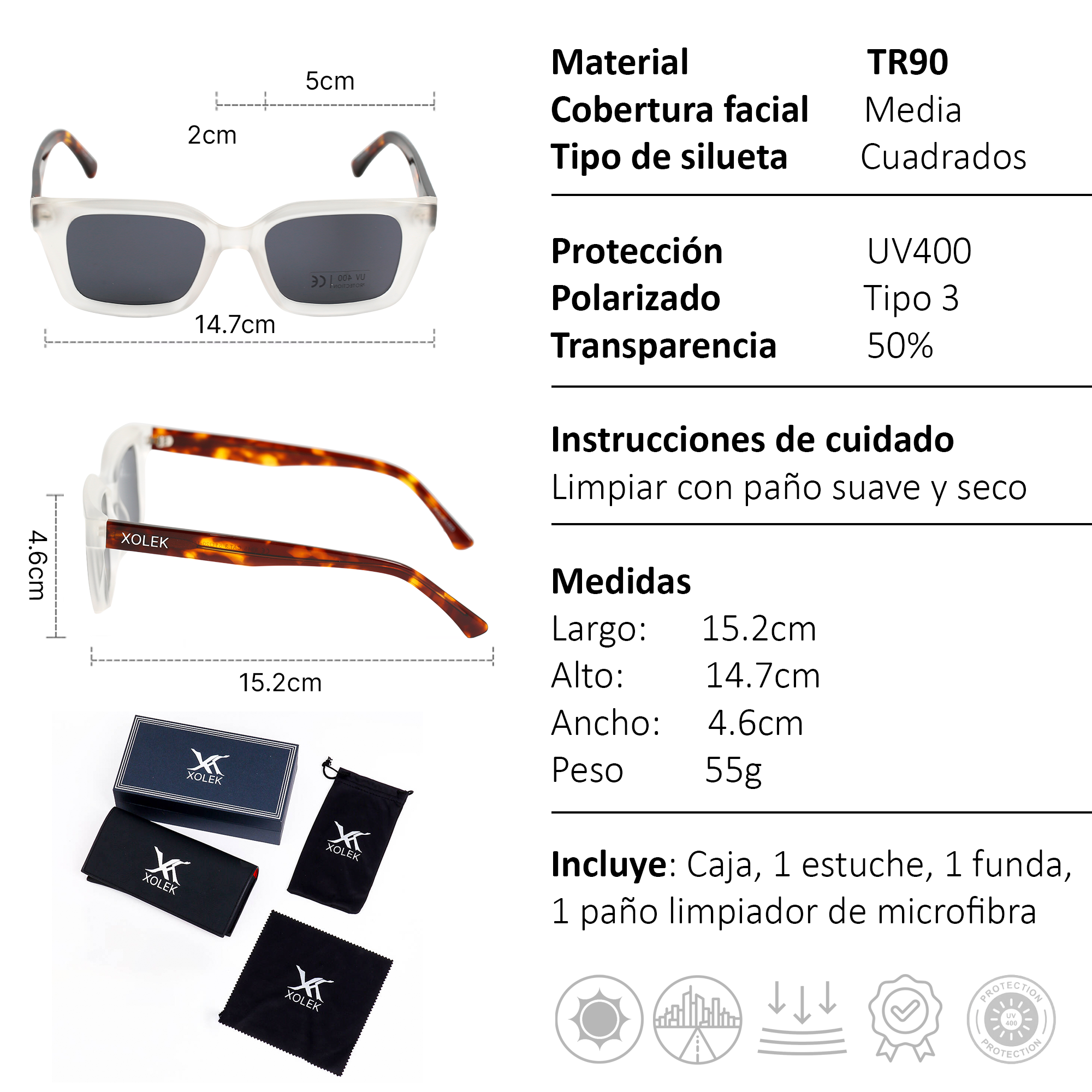 Xolek lentes de sol 122 Gafas Tr90 Cuadrados Rb Uv Polarizados