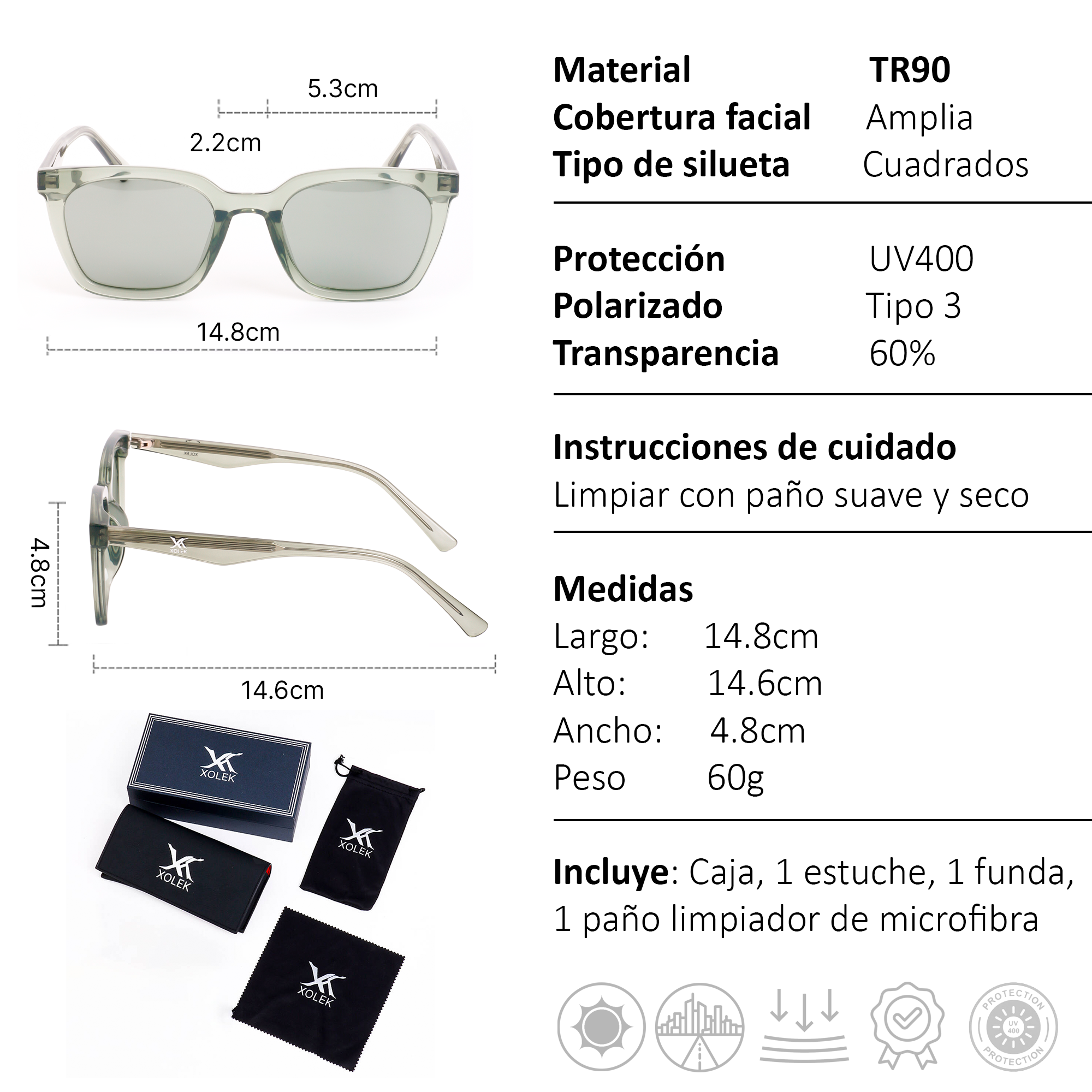 Xolek lentes de sol 121 Gafas Tr90 Cuadrados Rb Uv Polarizados