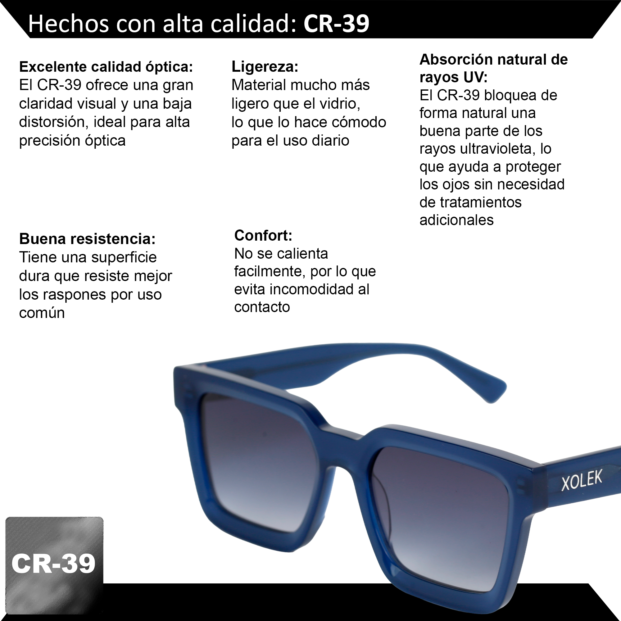 Xolek lentes de sol 108 Gafas Acetato Cr39 Rb UV total
