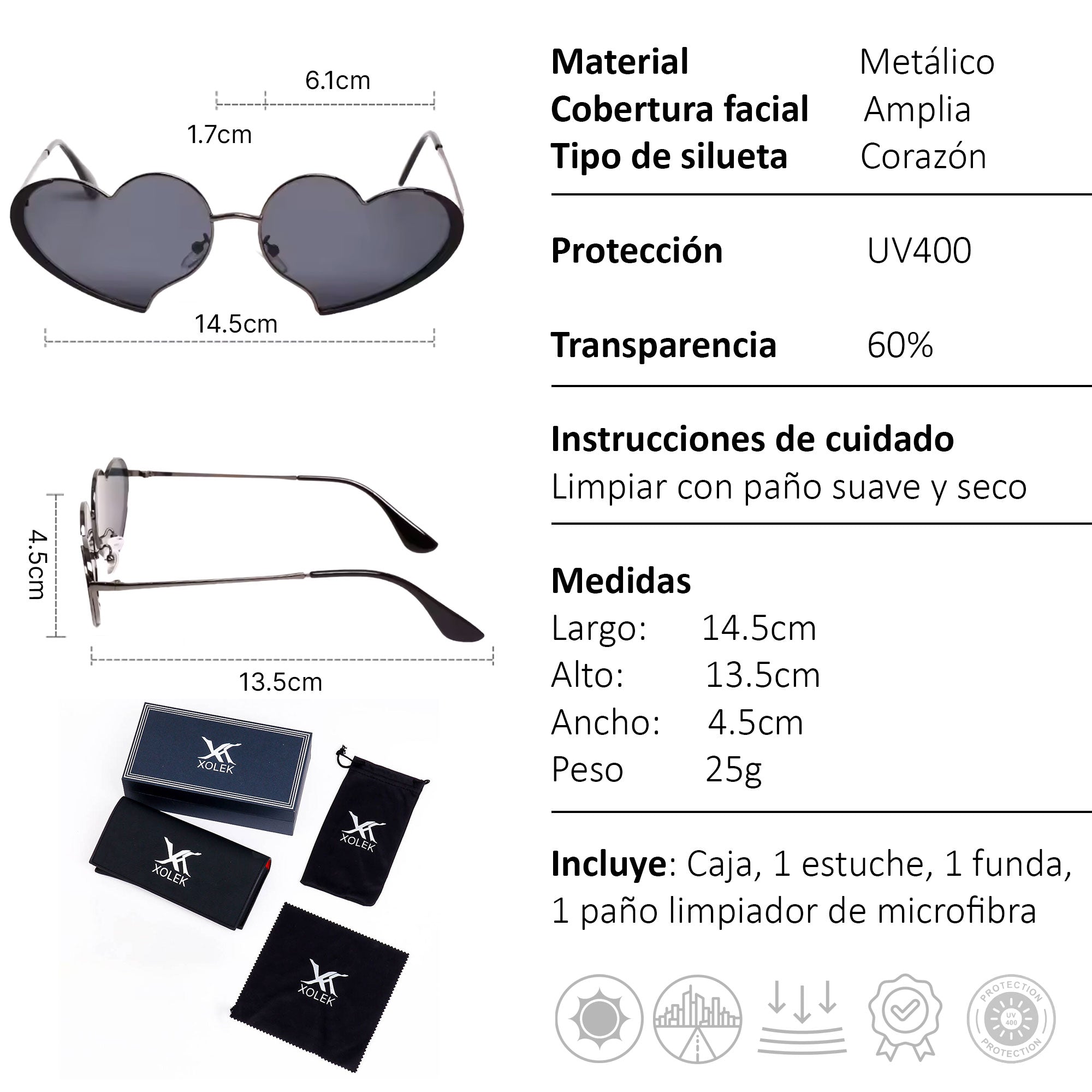 Xolek lentes de sol 132 Gafas Corazon Metalico Uv400 Moda