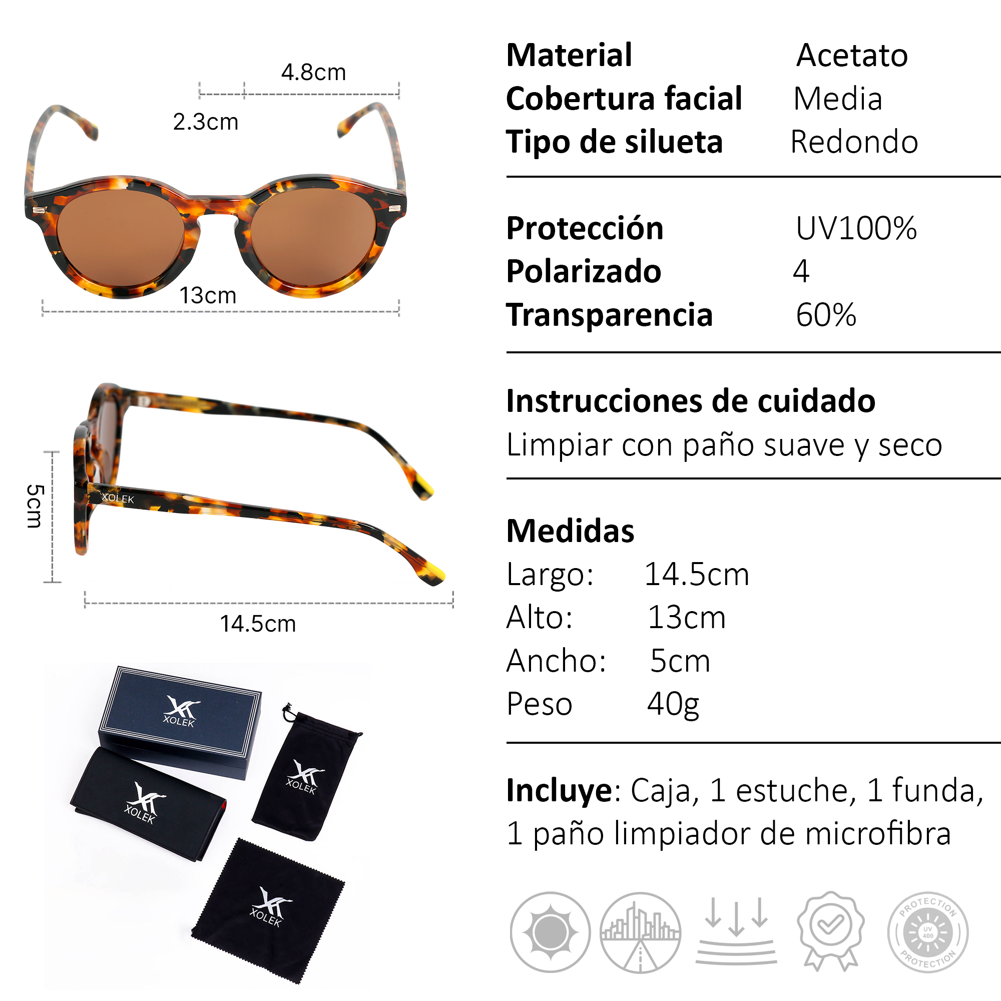 Xolek lentes de sol 113 Gafas Acetato Retro Animal Uv Polarizado