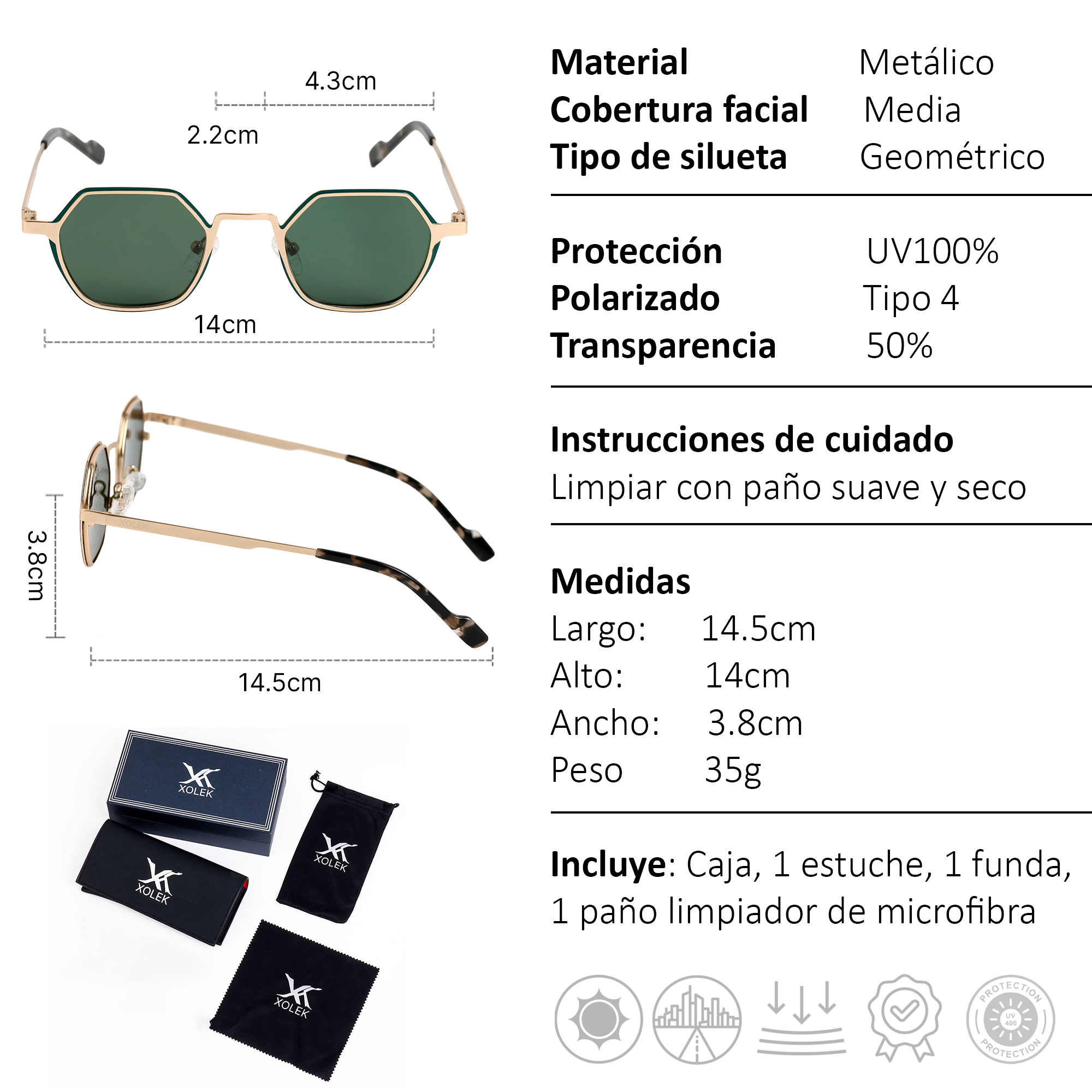Xolek lentes de sol 144 Gafas Metalico Hexagonal Uv Polarizado