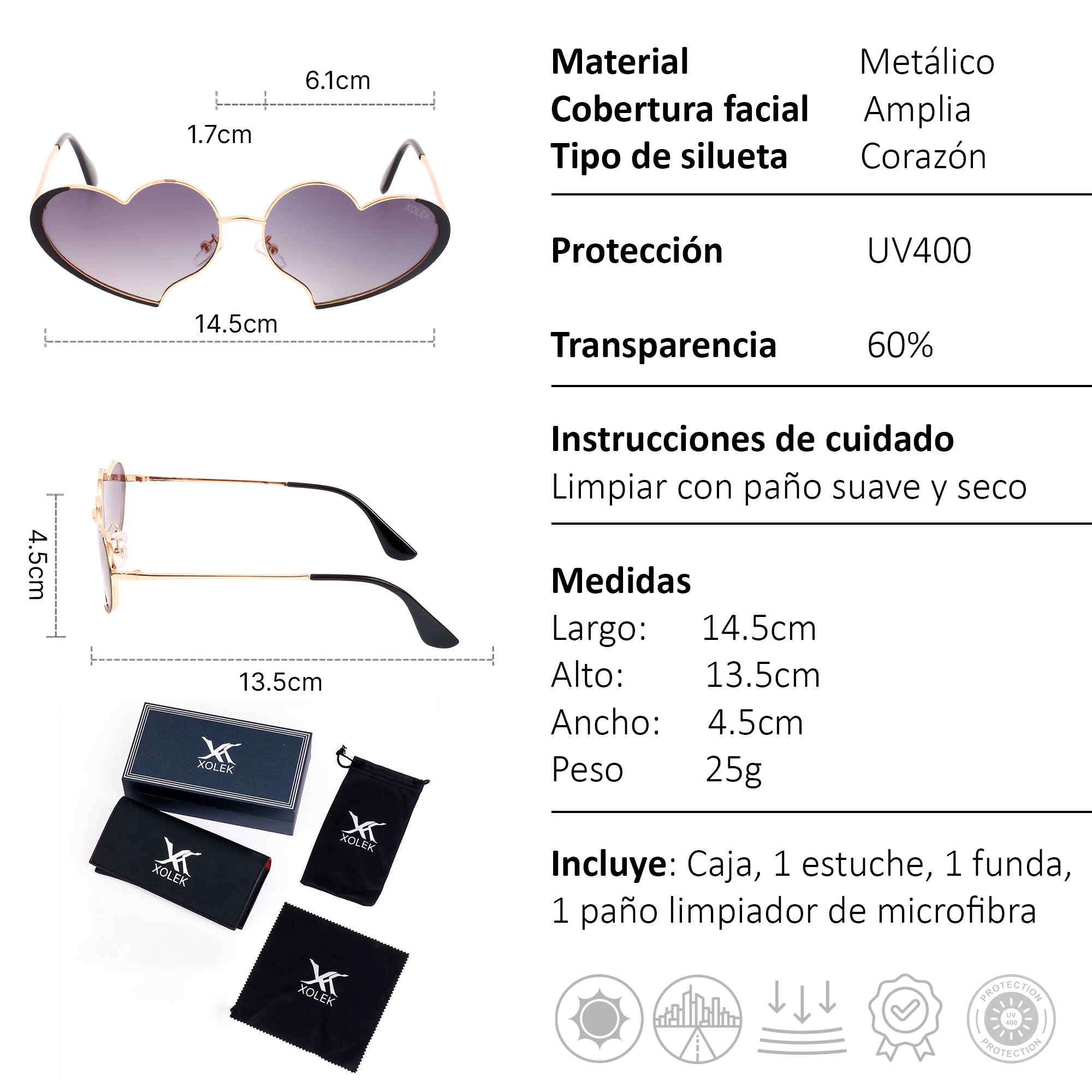 Xolek lentes de sol 132 Gafas Corazon Metalico Uv400 Moda