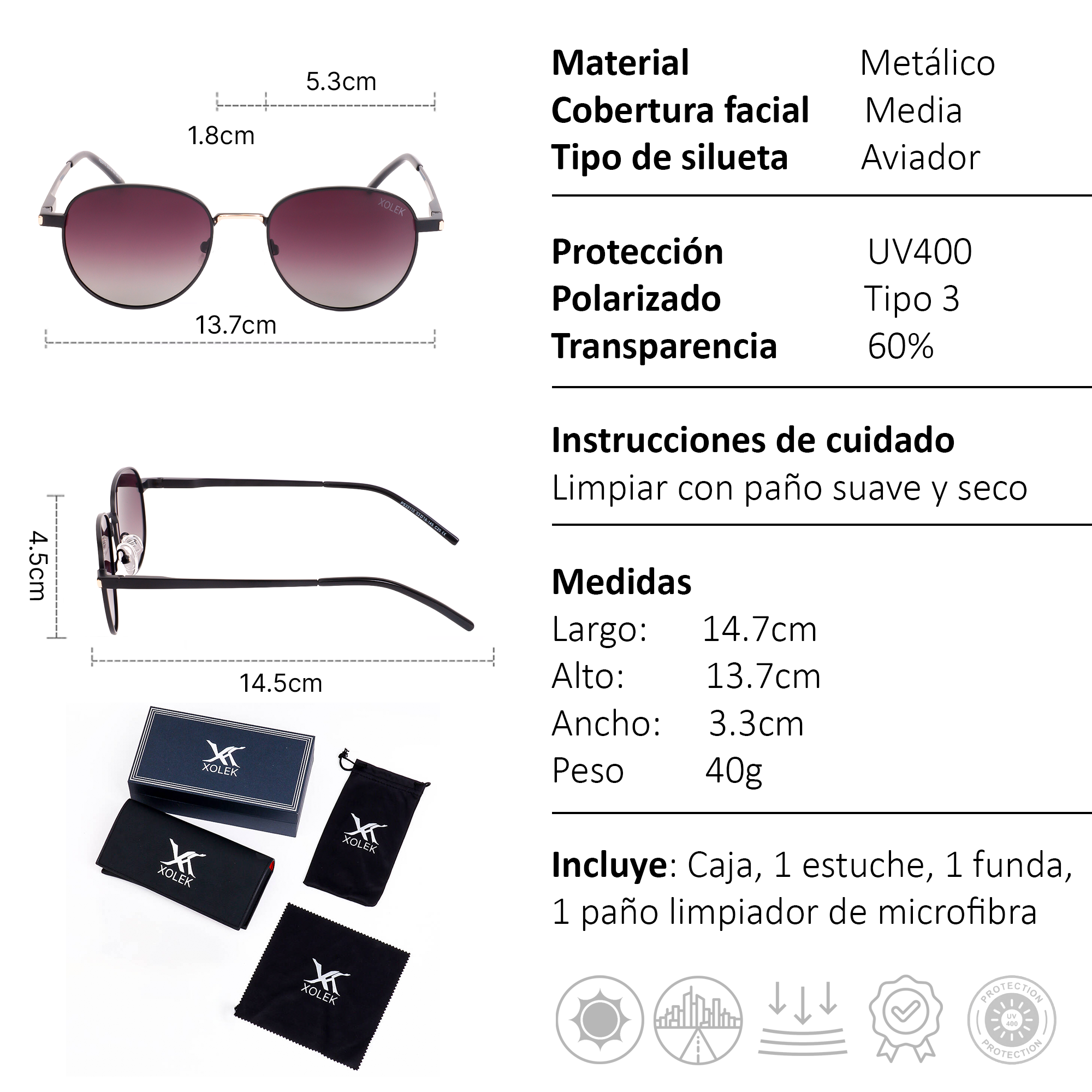 Xolek lentes de sol 135 Gafas Aviador Metalico Uv Polarizado