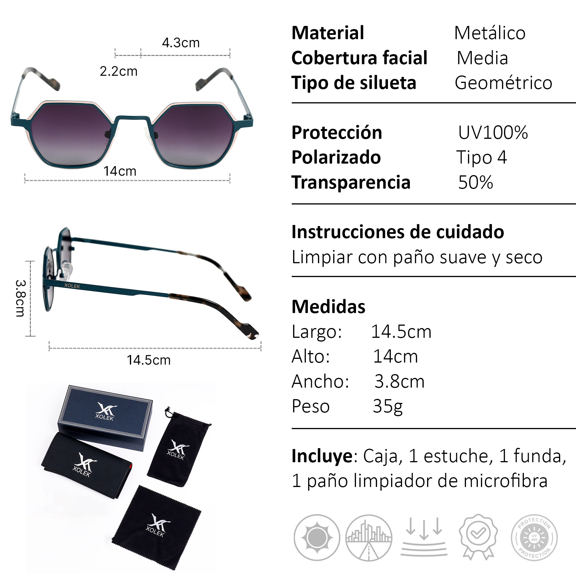 Xolek lentes de sol 144 Gafas Metalico Hexagonal Uv Polarizado
