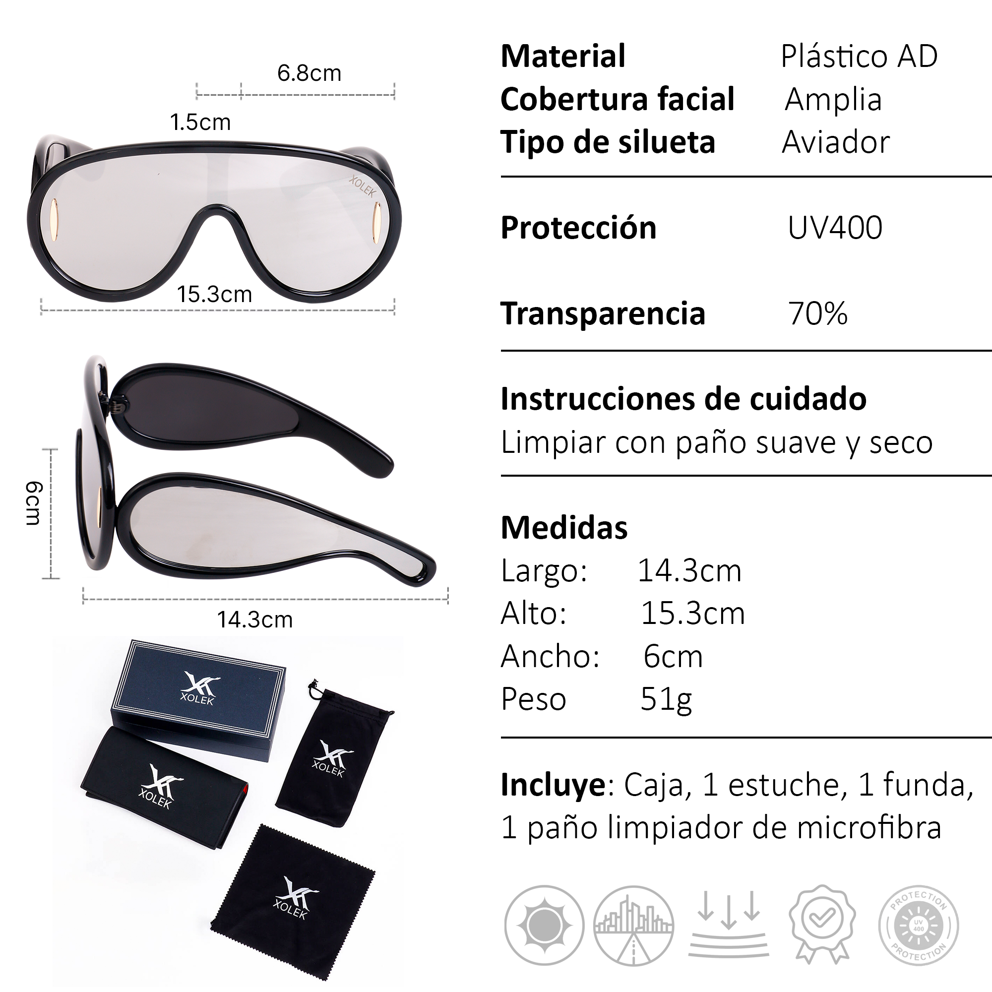 Xolek lentes de sol 154 Gafas Aviador Futurista Uv400 Glam
