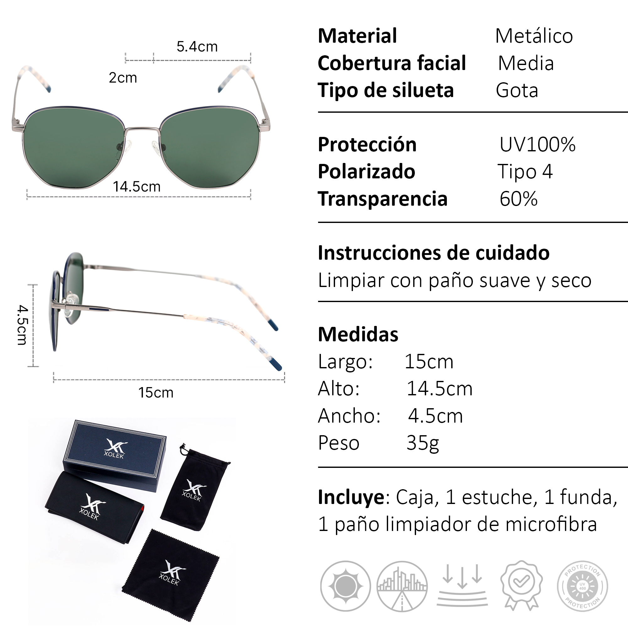 Xolek lentes de sol 142 Gafas Metalico Exagonal Uv Polarizado