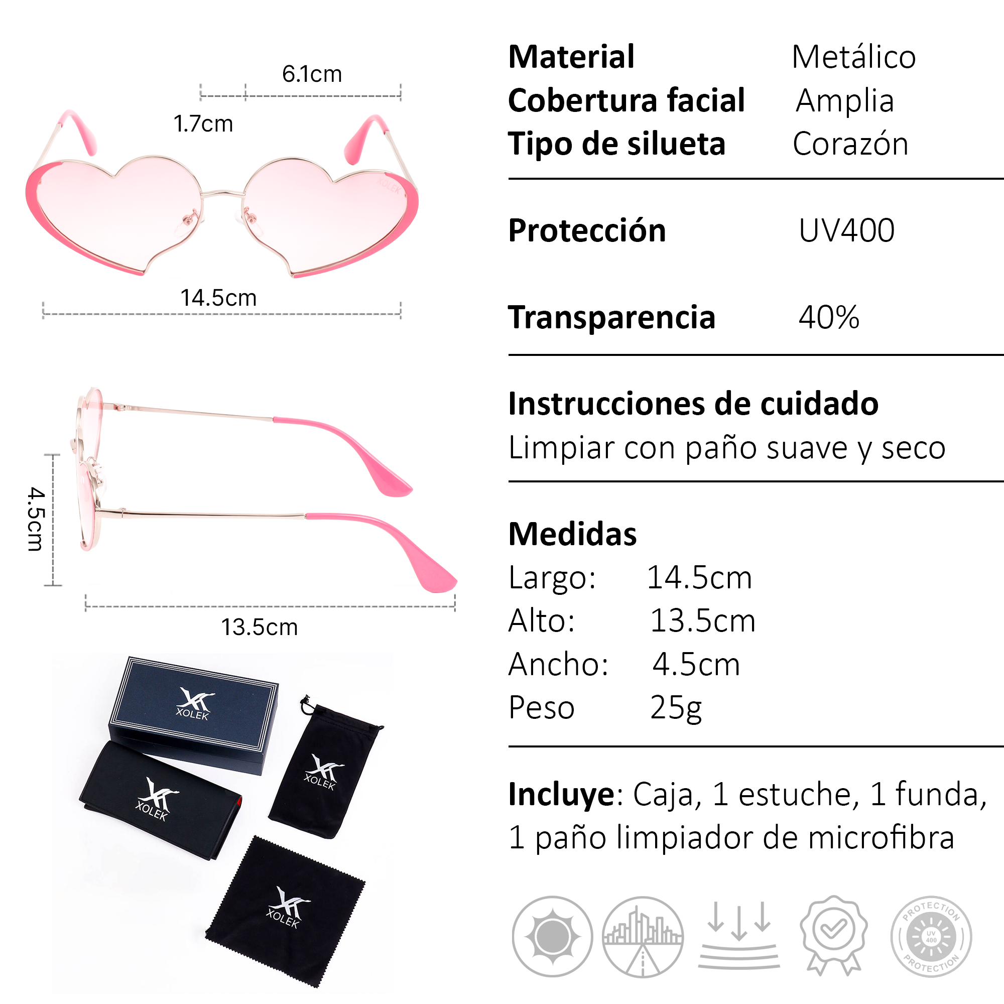 Xolek lentes de sol 132 Gafas Corazon Metalico Uv400 Moda