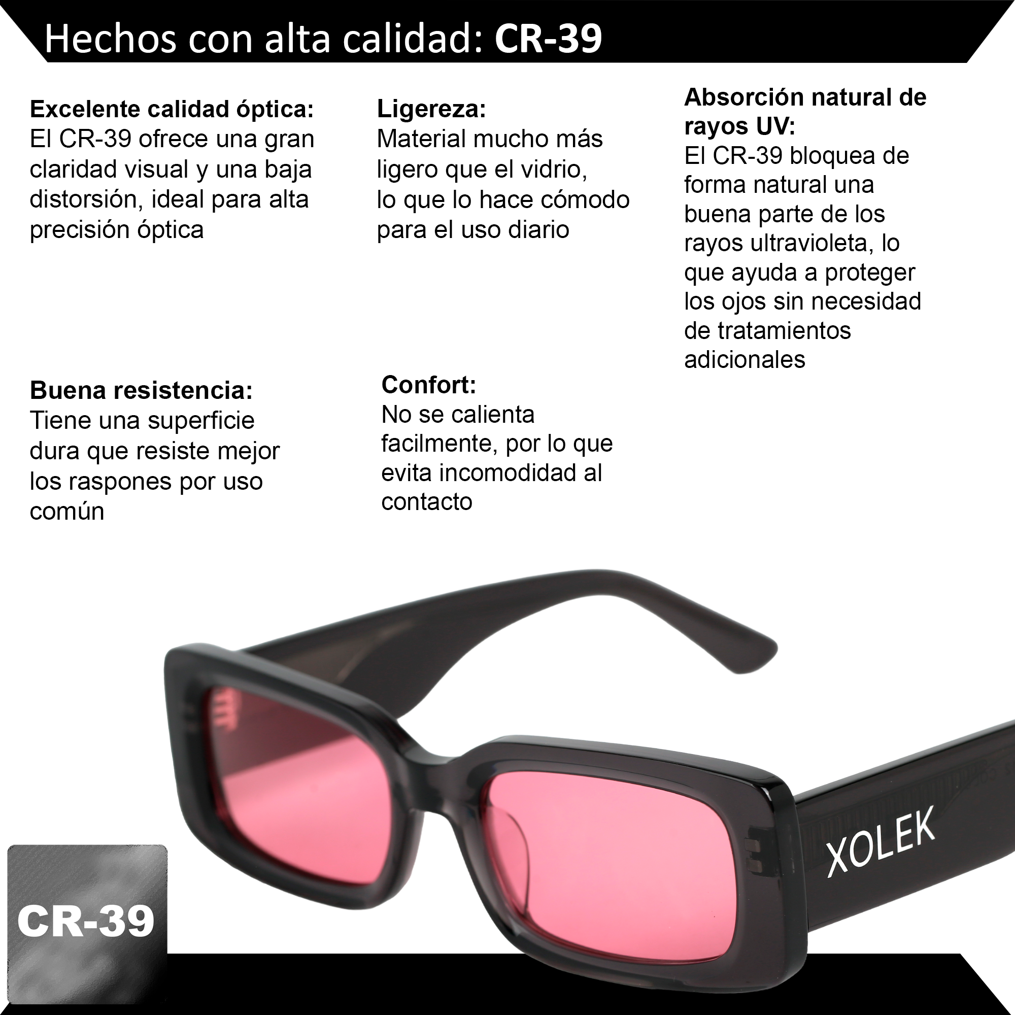 Xolek lentes de sol 109 Gafas Acetato Cr39 Rectangular