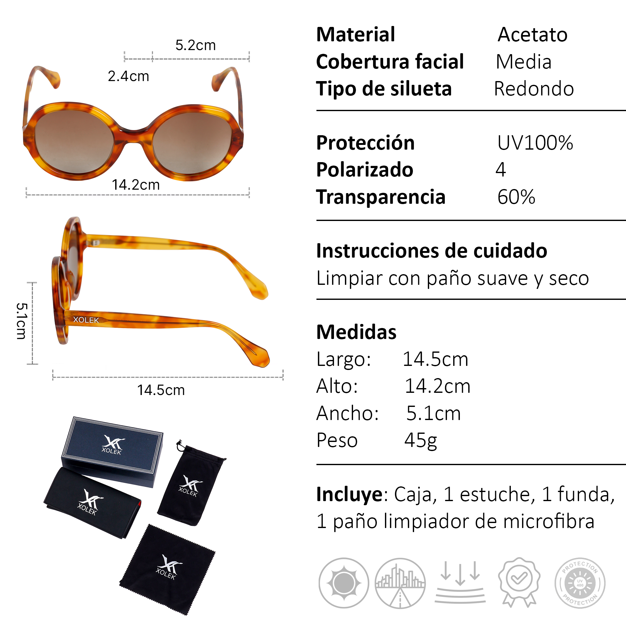 Xolek lentes de sol 115 Gafas Acetato Retro Fuego Uv Polarizado
