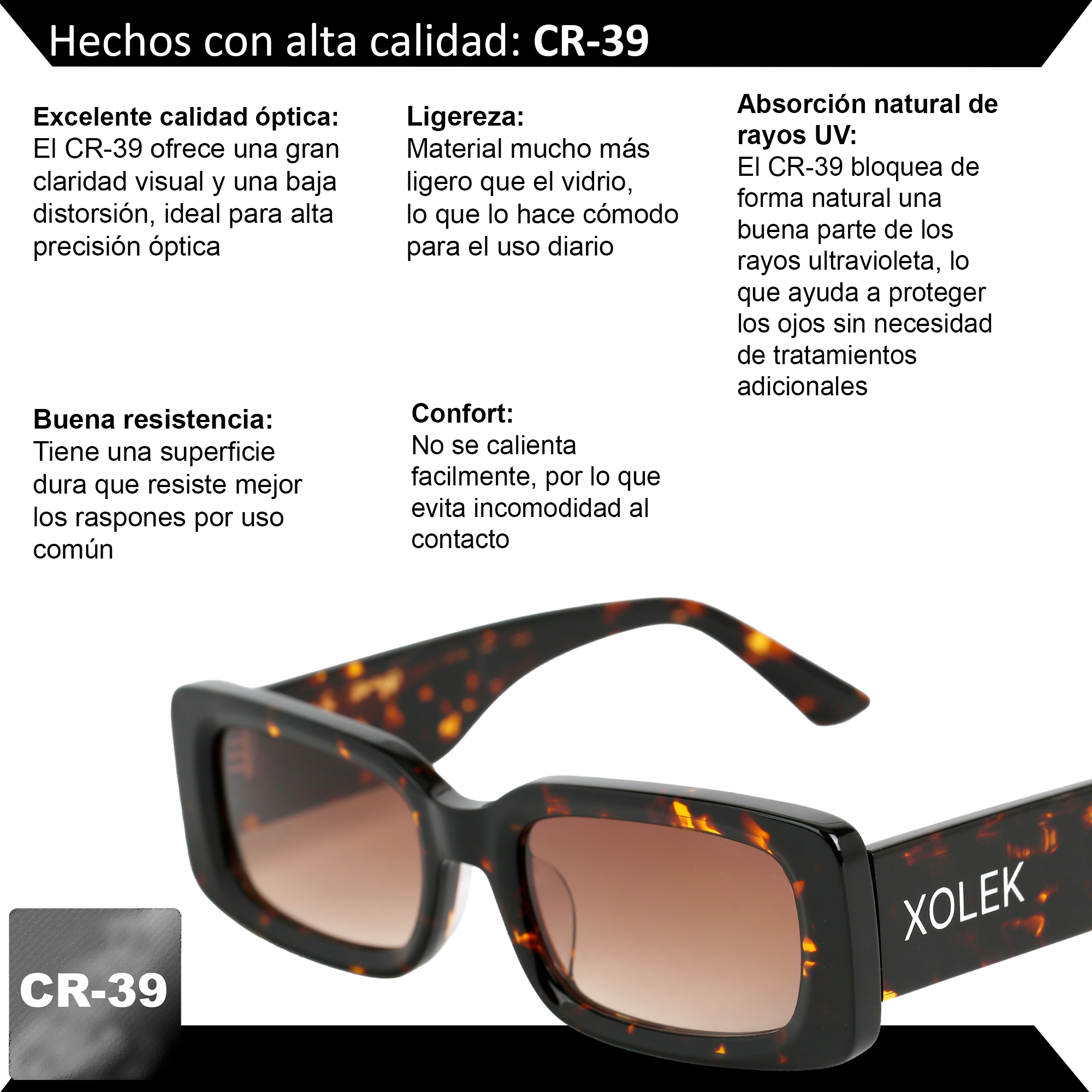 Xolek lentes de sol 109 Gafas Acetato Cr39 Rectangular