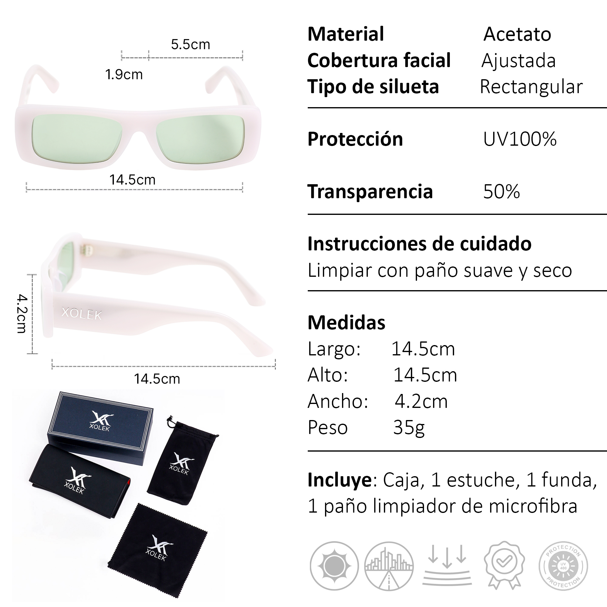 Xolek lentes de sol 114 Gafas Acetato Cr39 Rectangular Moda