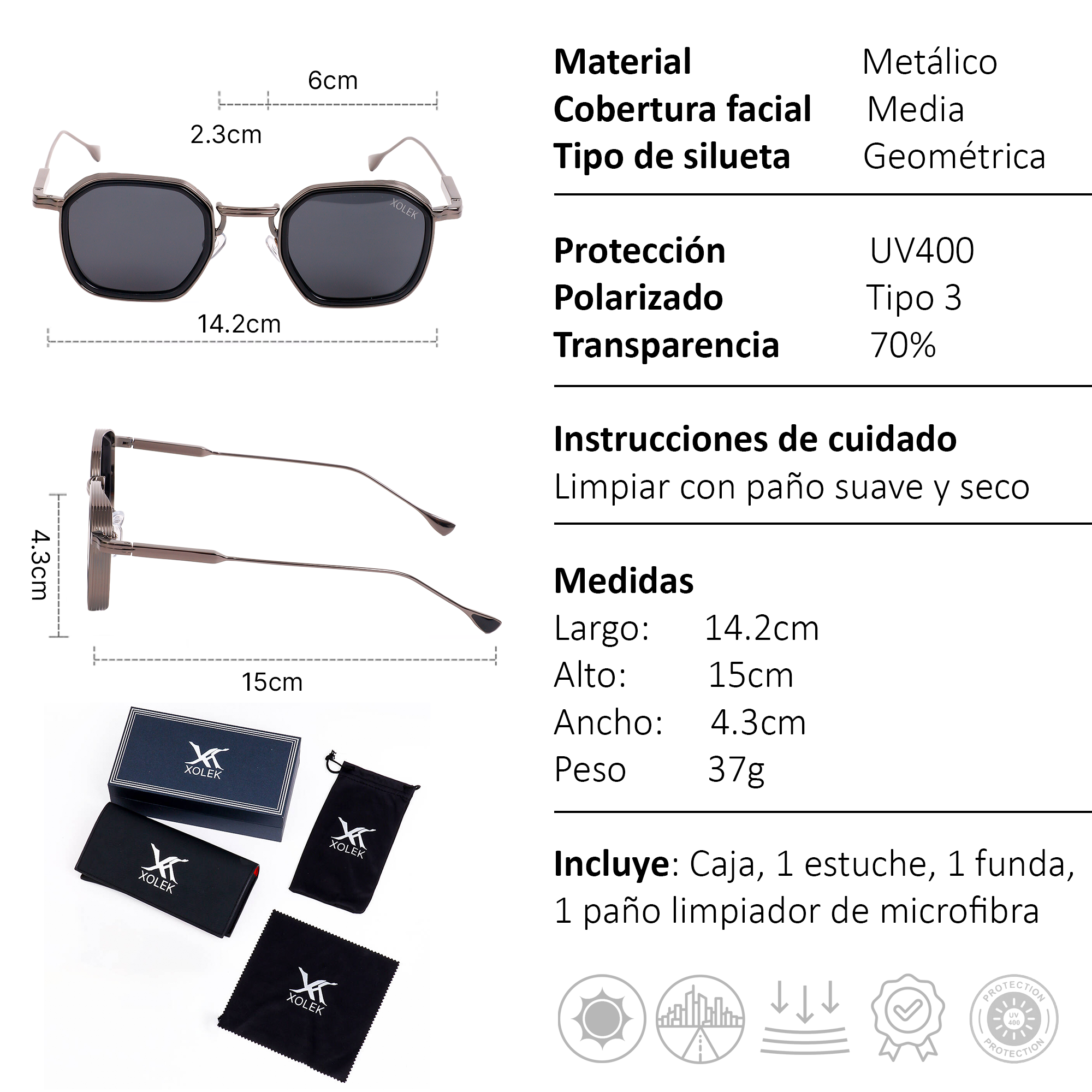 Xolek lentes de sol 145 Gafas Moda Geometrico Uv Polarizado