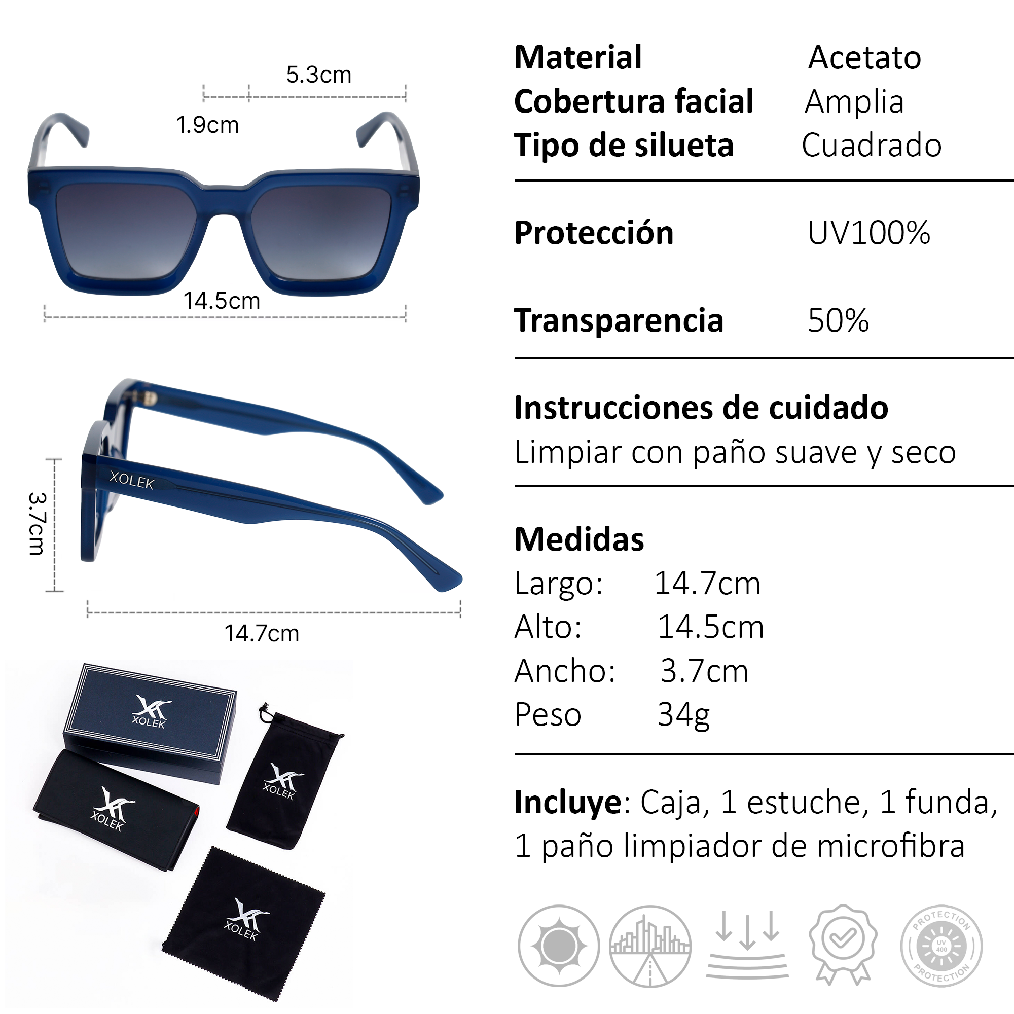 Xolek lentes de sol 108 Gafas Acetato Cr39 Rb UV total