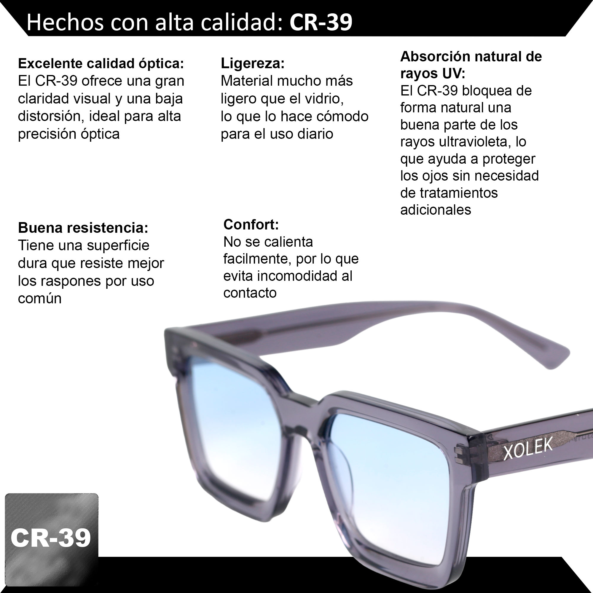Xolek lentes de sol 108 Gafas Acetato Cr39 Rb UV total