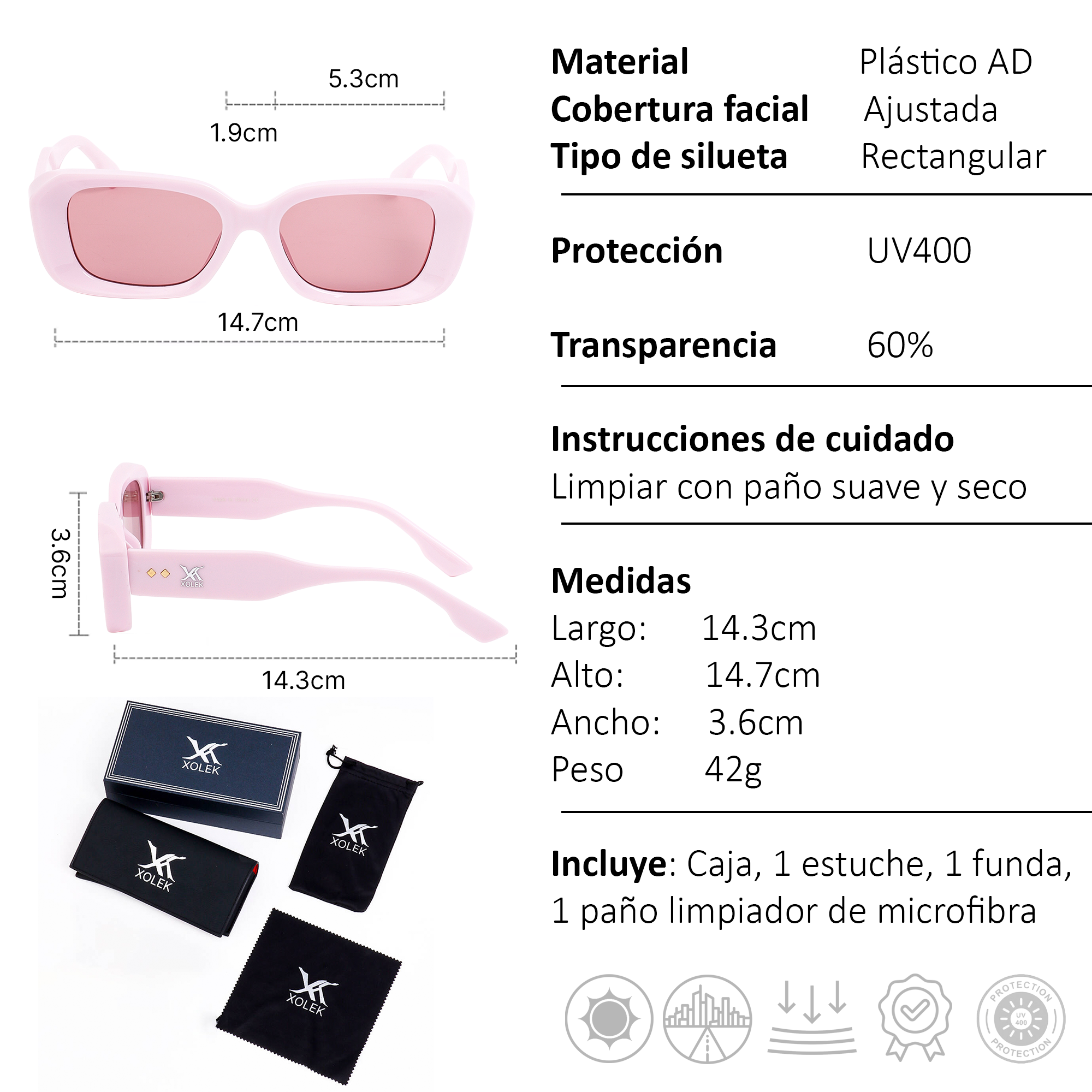 Xolek lentes de sol 152 Gafas Moda Retro Rectangular Uv400