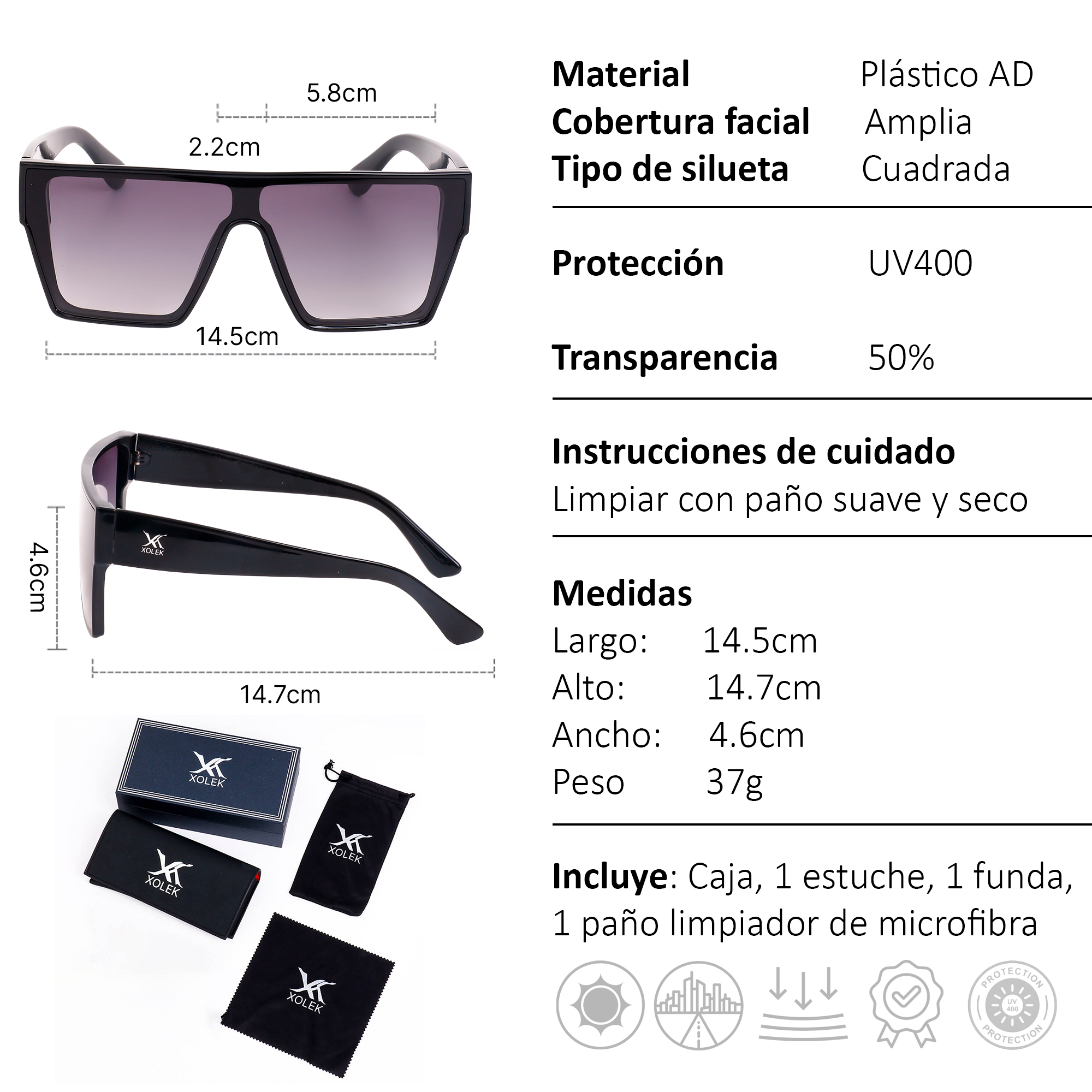 Xolek lentes de sol 156 Gafas Retro Cuadrado Uv400 Hombre