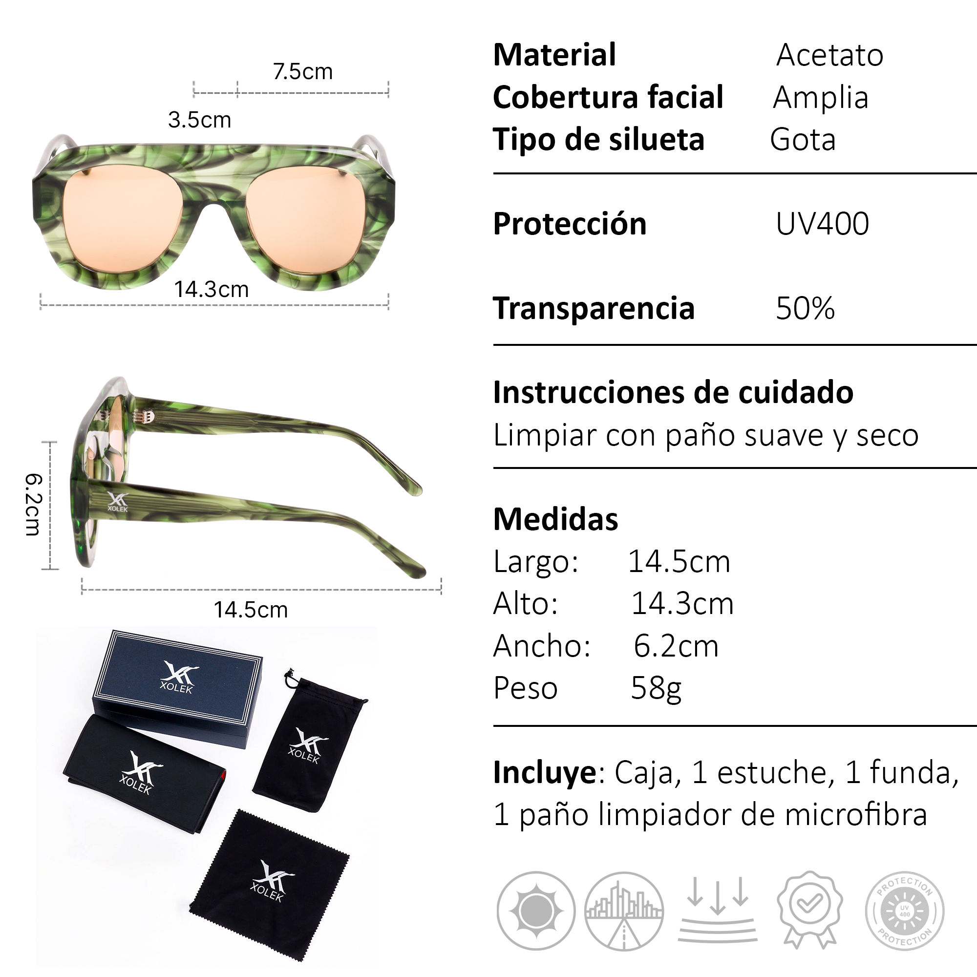 Xolek lentes de sol 104 Gafas Moda Acetato Gota UV400
