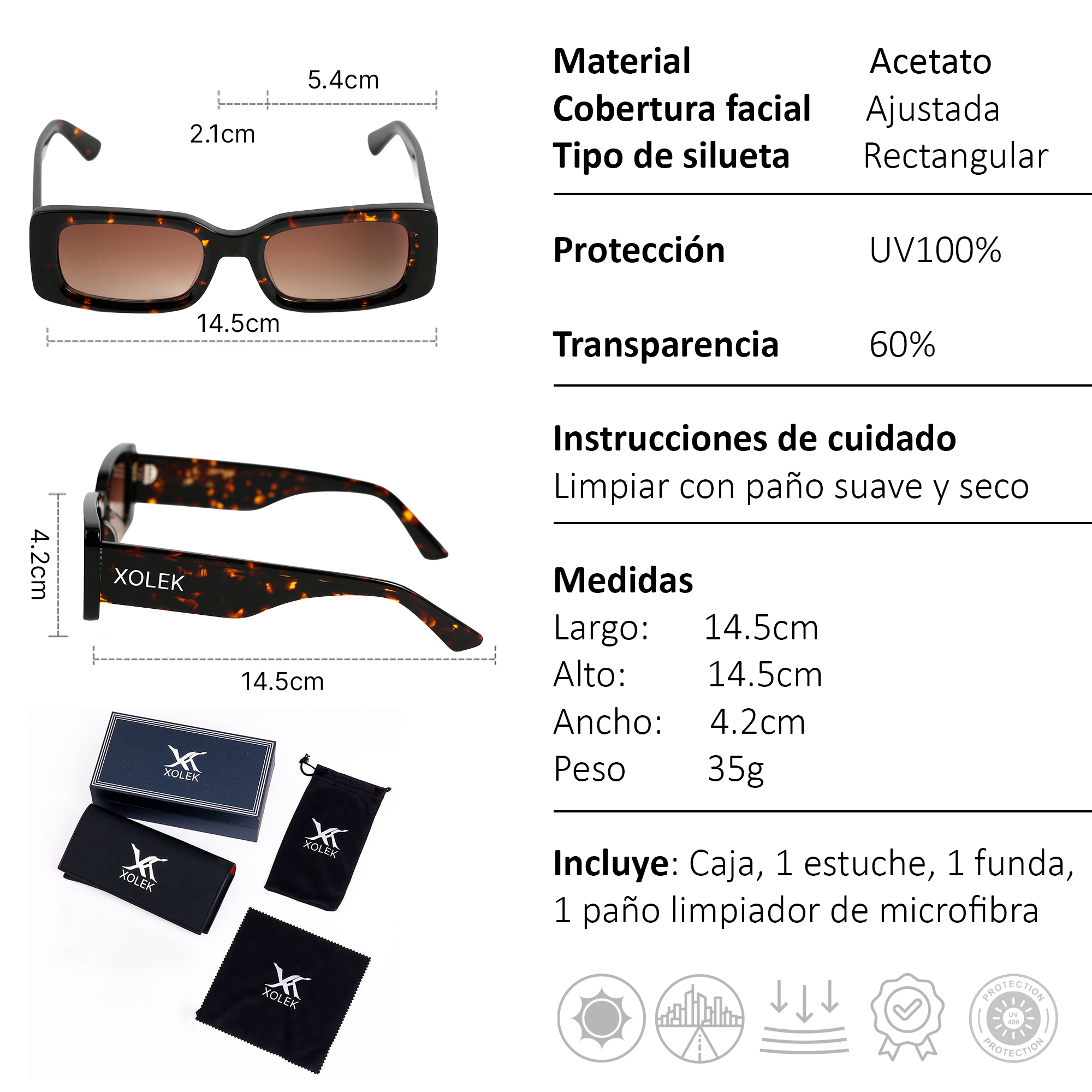 Xolek lentes de sol 109 Gafas Acetato Cr39 Rectangular
