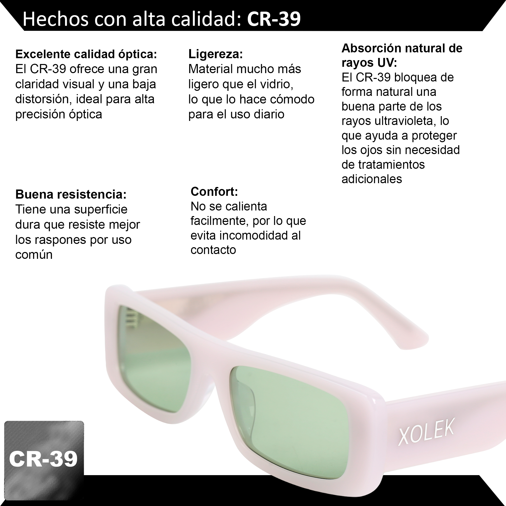 Xolek lentes de sol 114 Gafas Acetato Cr39 Rectangular Moda