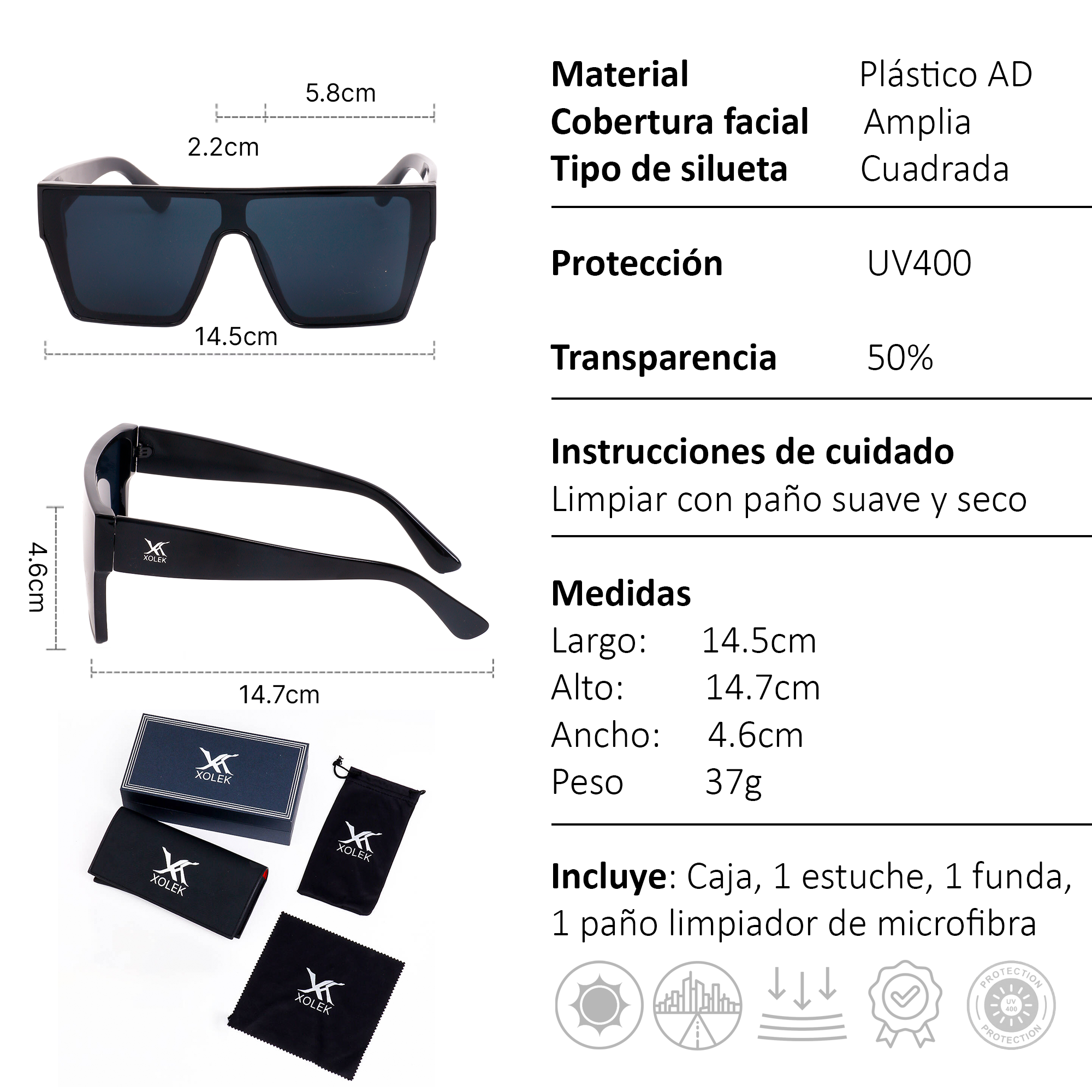 Xolek lentes de sol 156 Gafas Retro Cuadrado Uv400 Hombre