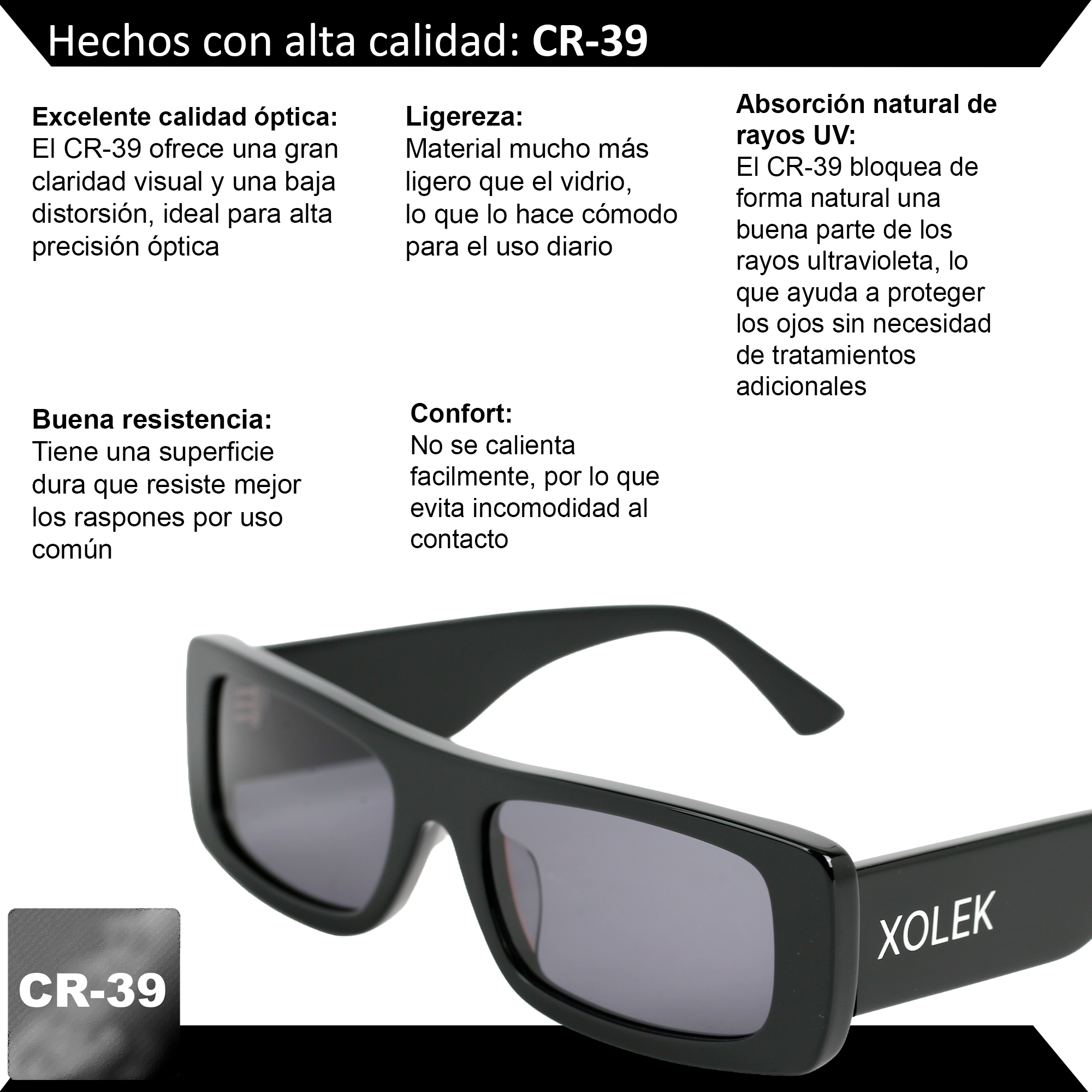 Xolek lentes de sol 114 Gafas Acetato Cr39 Rectangular Moda