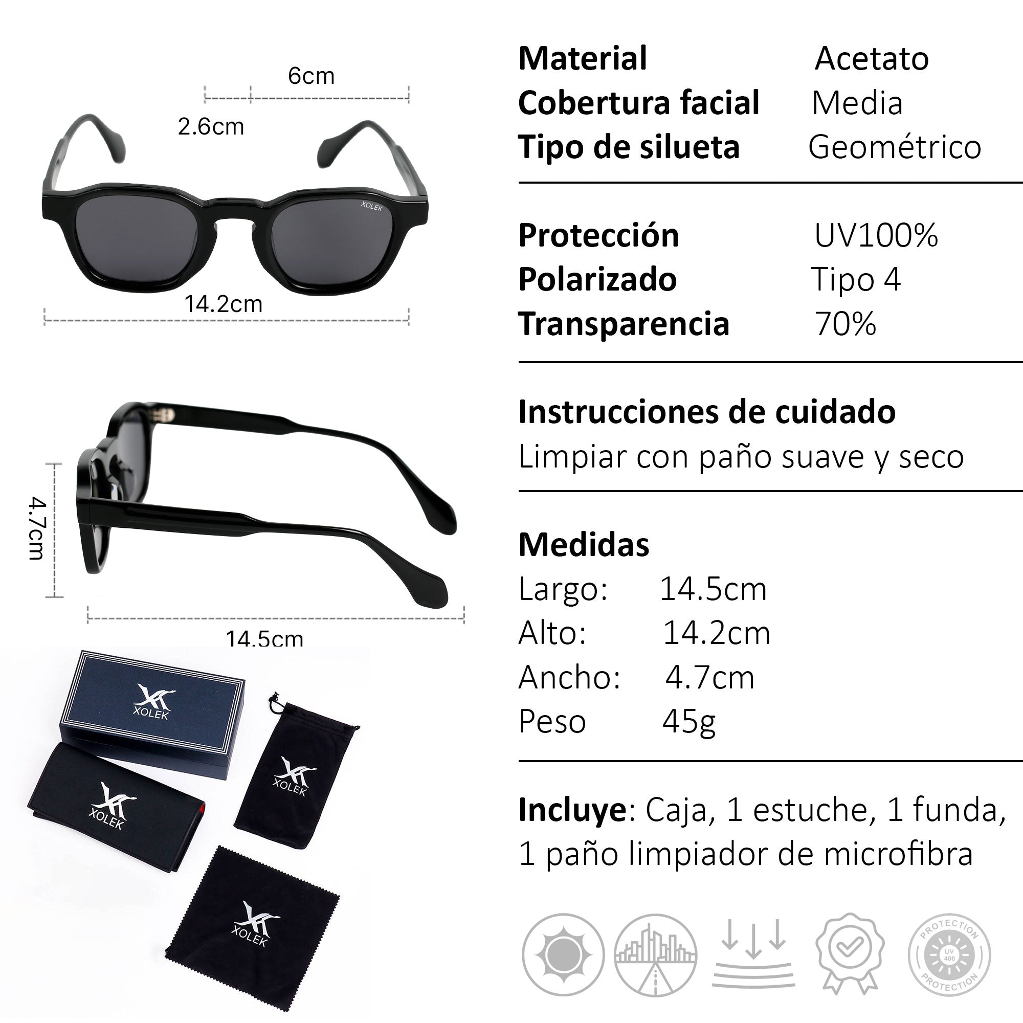 Xolek lentes de sol 107 Gafas Moda Acetato Hexagonal Polarizado