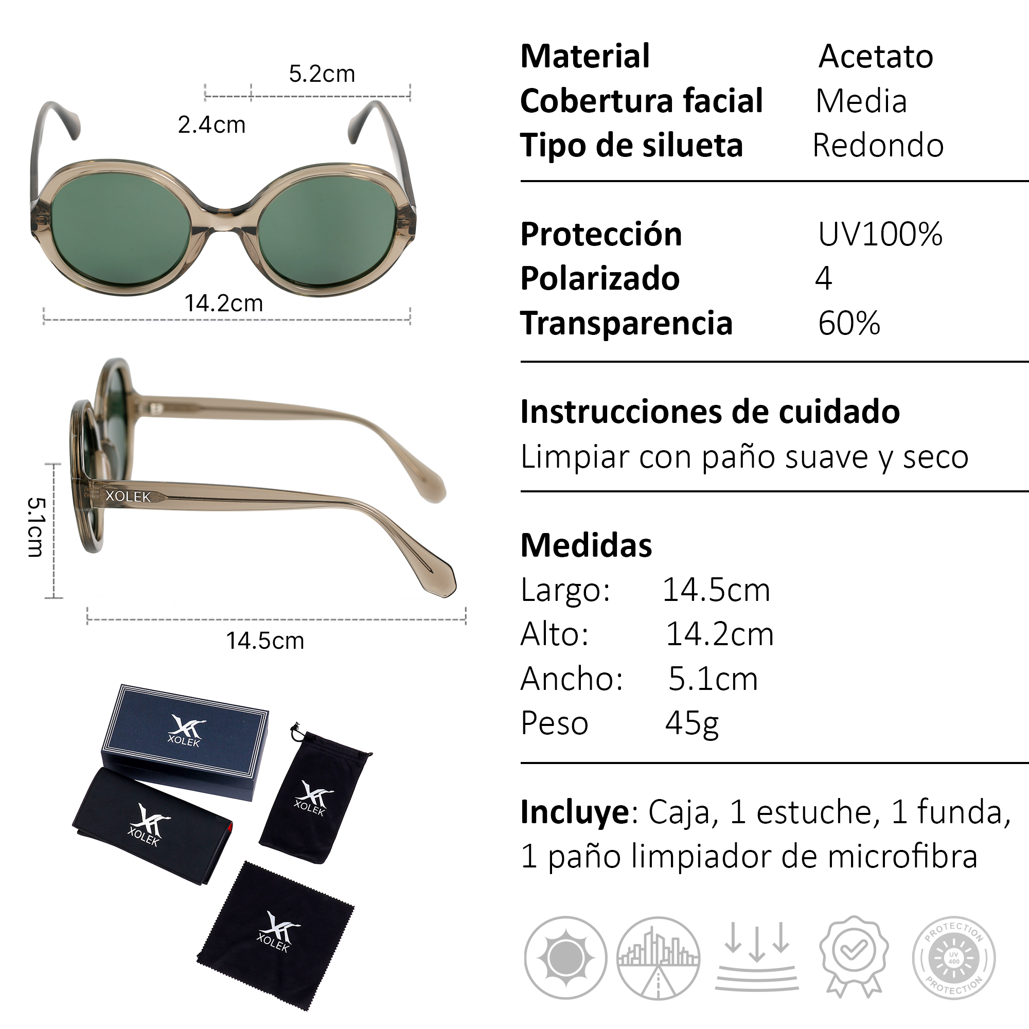 Xolek lentes de sol 115 Gafas Acetato Retro Fuego Uv Polarizado