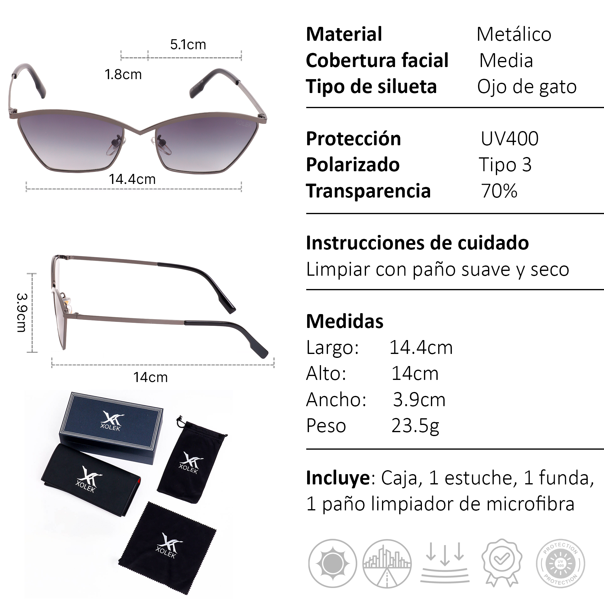 Xolek lentes de sol 130 Gafas Metalico Moda Uv400 Mujer