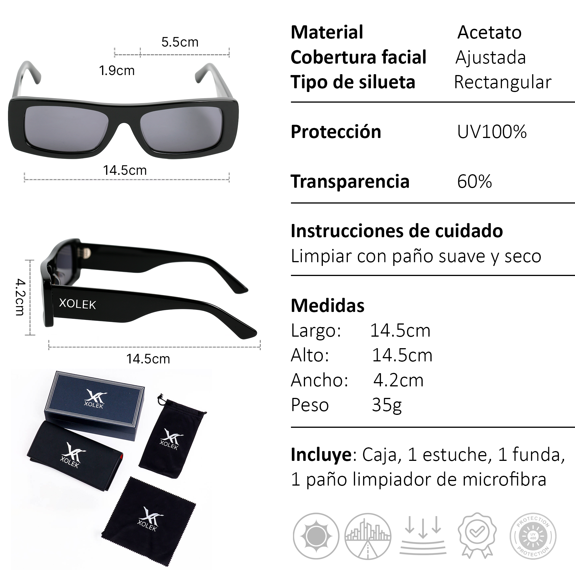 Xolek lentes de sol 114 Gafas Acetato Cr39 Rectangular Moda