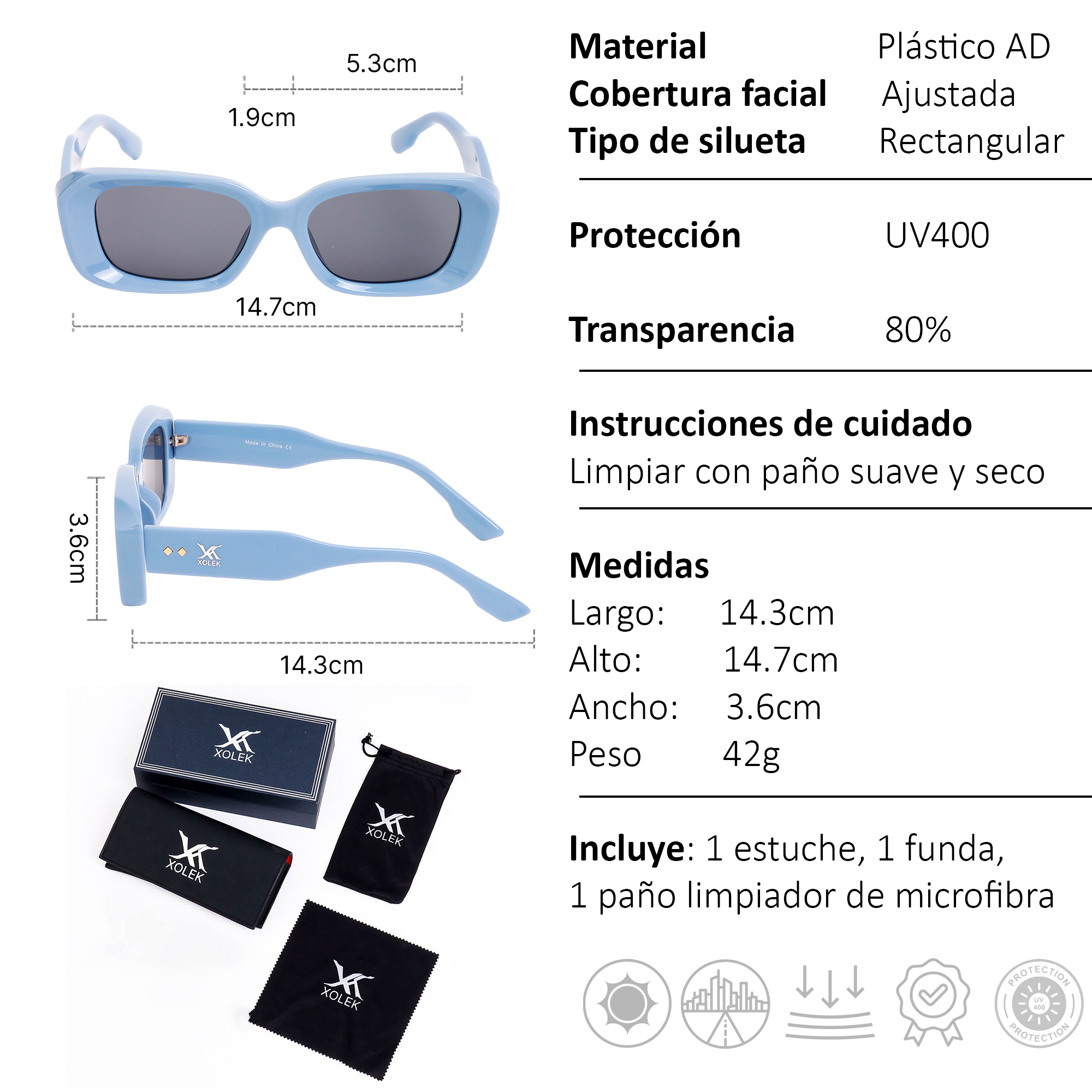 Xolek lentes de sol 152 Gafas Moda Retro Rectangular Uv400