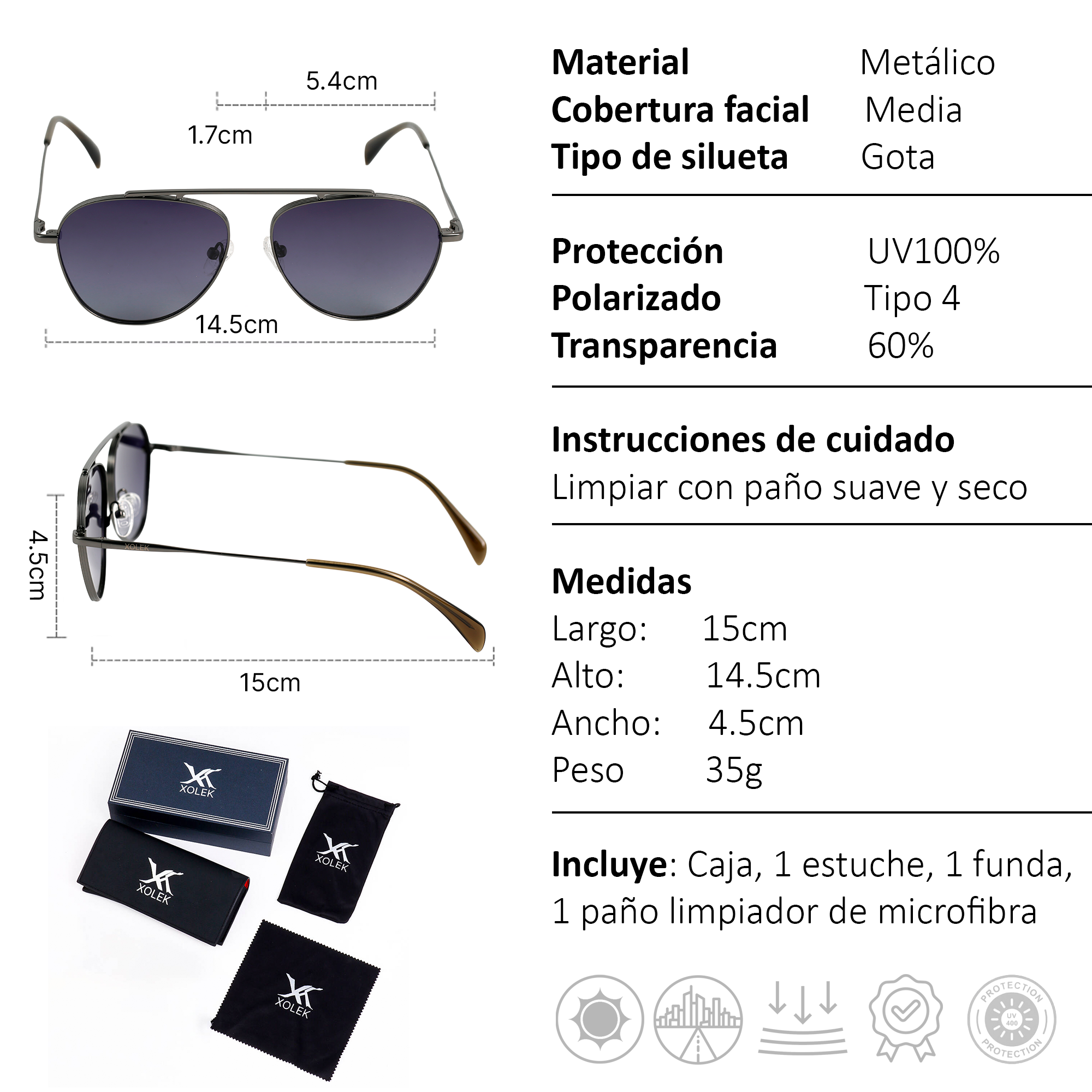 Xolek lentes de sol 140 Gafas Aviador Metalico Rb Uv Polarizado