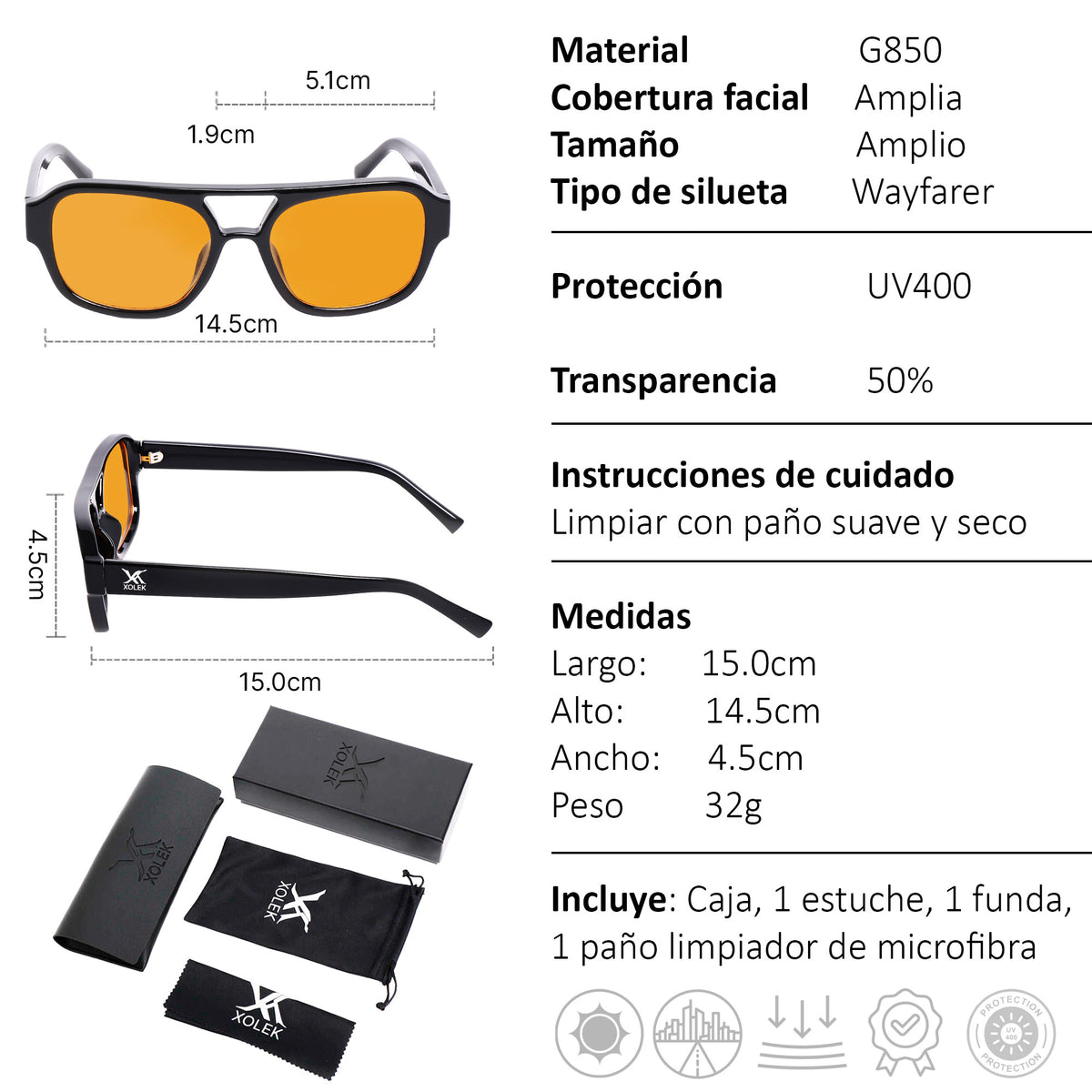 Lentes de sol Xolek 159 moda aviador unisex UV TAC
