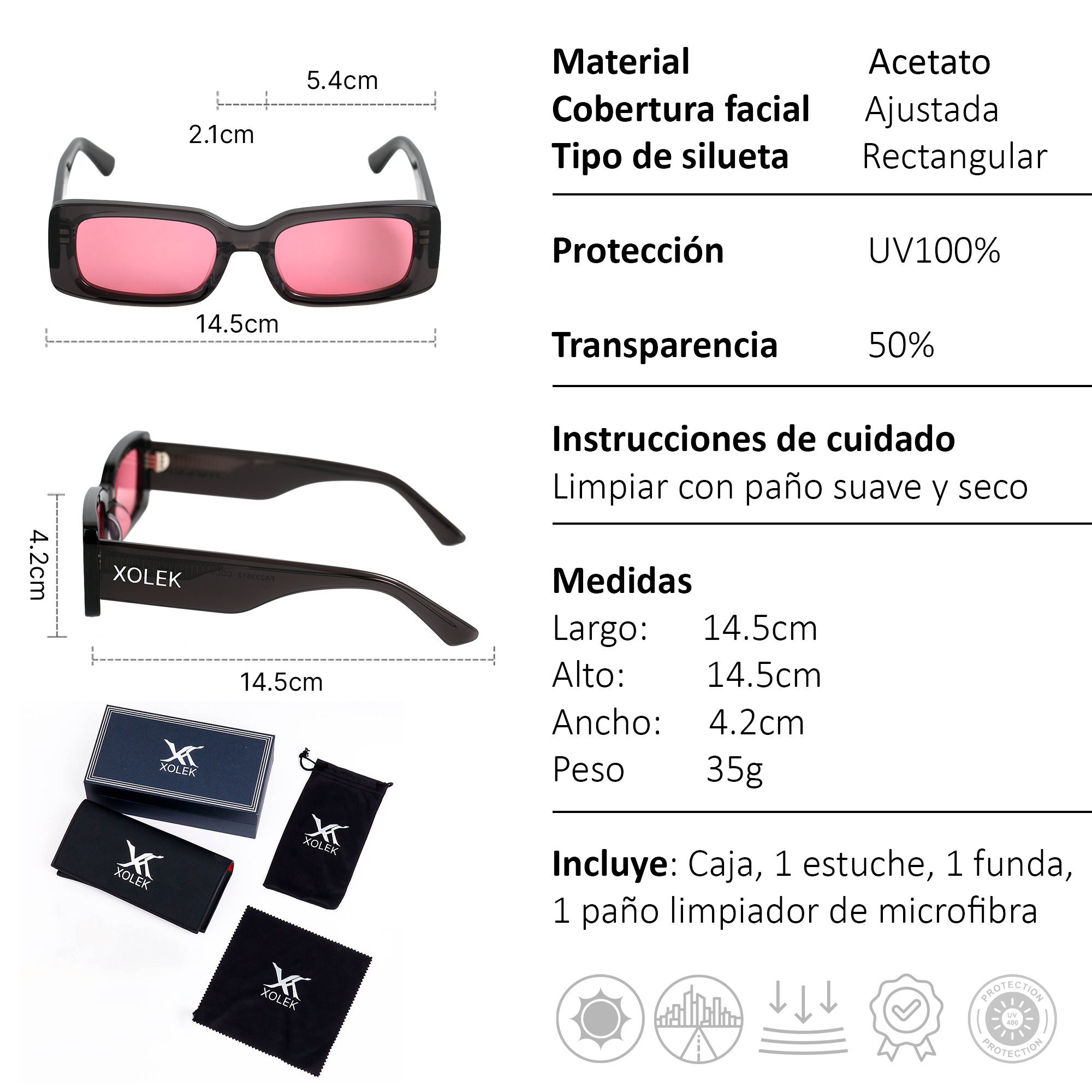 Xolek lentes de sol 109 Gafas Acetato Cr39 Rectangular