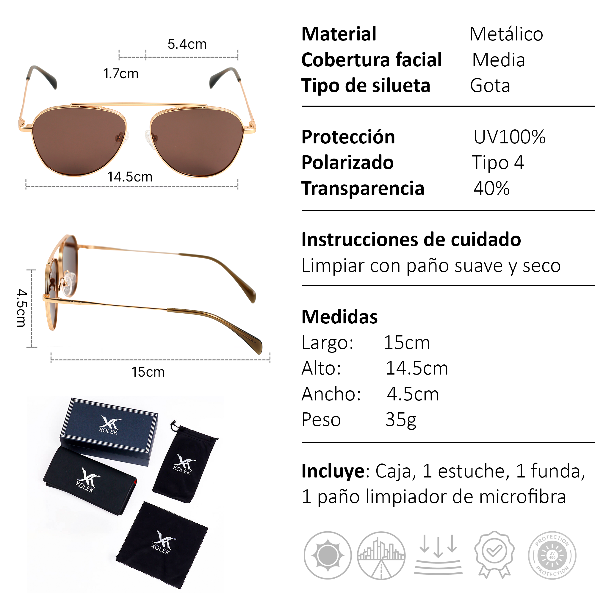 Xolek lentes de sol 140 Gafas Aviador Metalico Rb Uv Polarizado